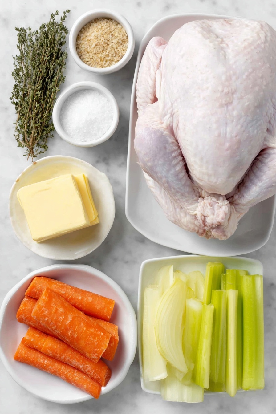 Flat lay of a whole raw turkey with pale pink skin, a small white ceramic bowl of packed light brown sugar crystals, a small white ceramic bowl of coarse kosher salt, a small white ceramic bowl with dried thyme leaves, a small white ceramic bowl with dried sage leaves, a small white ceramic bowl of freshly ground black pepper, a soft mound of unsalted butter at room temperature on a simple white ceramic plate, a whole large yellow onion cut into wedges arranged neatly on a white ceramic plate, two fresh whole carrots cut into 2-inch pieces displayed on a white ceramic dish, two fresh celery stalks cut into 2-inch pieces placed on a white ceramic dish — all ingredients fresh and natural, perfectly arranged in balanced symmetry, placed on a clean white marble surface, soft natural light, photo taken with an iPhone, professional food photography style, fresh ingredients, white ceramic bowls, no bottles, no duplicates, no utensils, no packaging --ar 2:3 --v 7 --p m7354615311229779997 - Juicy Dry Brine Turkey, dry brine turkey recipe, crispy skin turkey, flavorful holiday turkey, tender roasted turkey