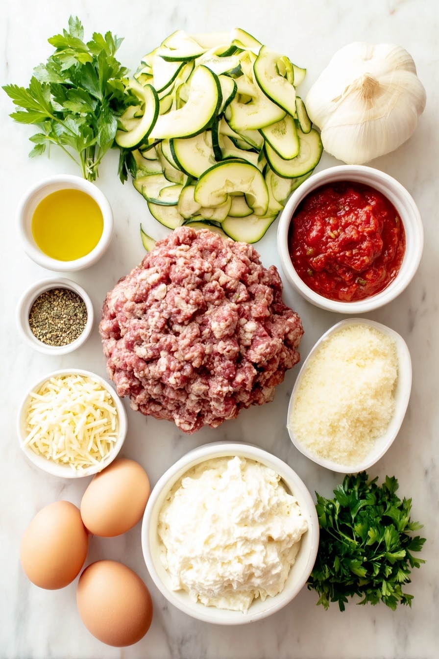 Flat lay of fresh zucchini sliced lengthwise into thin green ribbons, a small white bowl of golden olive oil, whole uncracked brown eggs, a mound of raw ground beef, a medium peeled onion chopped into small pieces, several peeled garlic cloves, a small white bowl filled with bright red crushed tomatoes, a small white bowl of smooth tomato sauce, a small white bowl of thick tomato paste, a small white bowl containing granulated sugar, dried basil and Italian seasoning arranged in small white bowls, a small white bowl with fennel seeds, a white ceramic bowl heaped with creamy ricotta cheese, a small white bowl of shredded Parmesan cheese, another simple white bowl holding shredded mozzarella cheese, and a small pile of fresh bright green parsley leaves, all placed on a clean white marble surface, soft natural light, photo taken with an iPhone, professional food photography style, fresh ingredients, white ceramic bowls, no bottles, no duplicates, no utensils, no packaging --ar 2:3 --v 7 --p m7354615311229779997 - Zucchini Lasagna with Meat Sauce, healthy zucchini lasagna, low-carb zucchini lasagna, easy zucchini lasagna recipe, cheesy zucchini lasagna