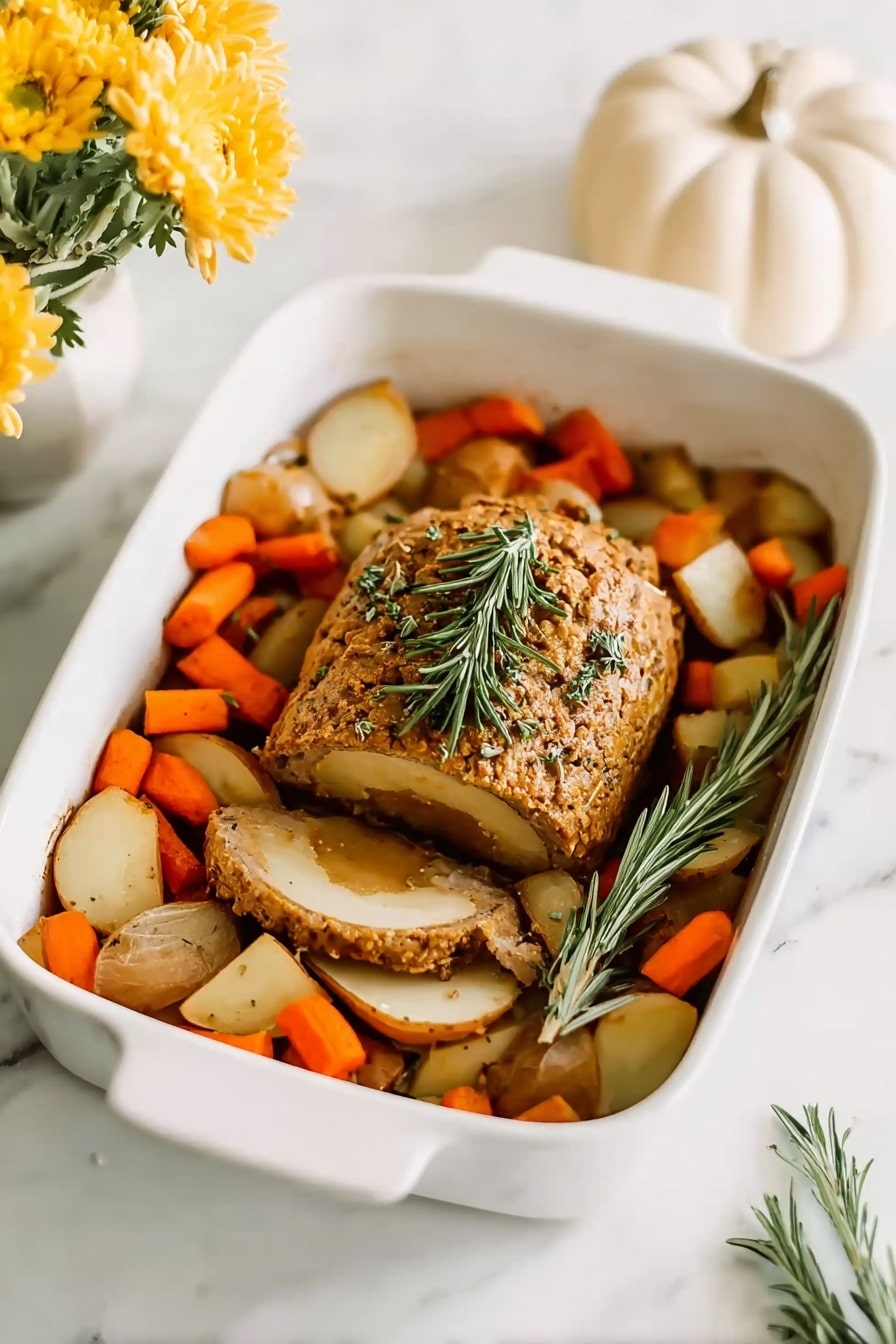 A white baking dish is filled with roasted vegetables, including chunky orange carrots, light golden potatoes, and caramelized onions, forming the base layer. On top sits a round, sliced loaf of golden brown meatloaf or plant-based roast with a slightly textured, herb-crusted exterior and a visible stuffing center. A fresh green rosemary sprig lays diagonally across the dish, adding a touch of color and texture contrast. The dish is set on a white marbled surface with a soft-focused white ceramic pumpkin-shaped lid in the background and some bright yellow flowers peeking at the top left corner. Photo taken with an iphone --ar 2:3 --v 7 - Vegan Tofurky Roast with Roasted Vegetables, plant-based holiday roast, vegan holiday main dish, vegan roast for Christmas, easy vegan holiday recipe