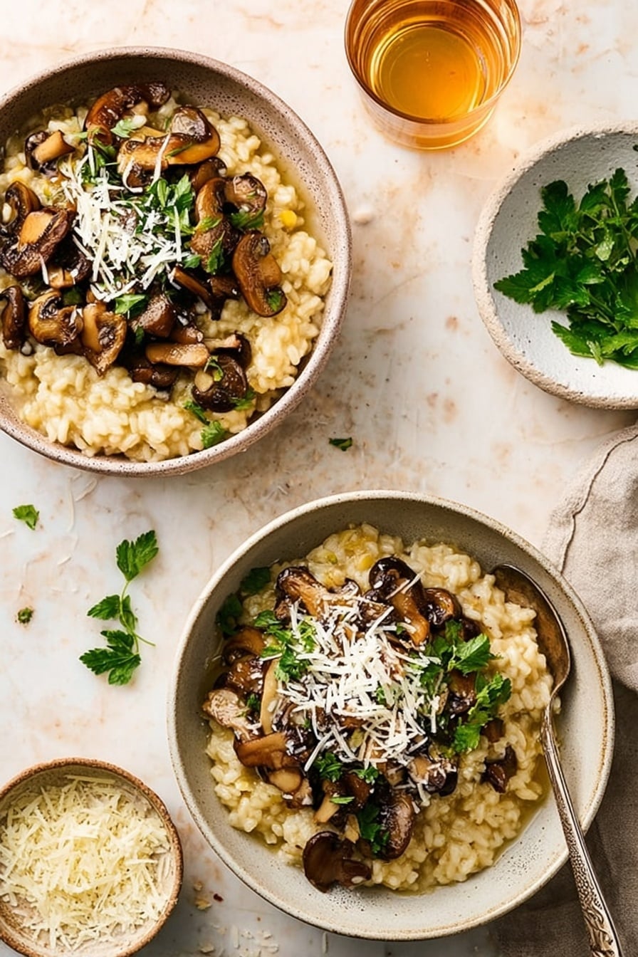 The image shows two bowls of creamy mushroom risotto placed on a white marbled surface. Each bowl has three layers: the bottom layer is soft and creamy risotto in a light golden color, the middle layer is a generous topping of different cooked mushrooms in brown and beige shades with a slightly glazed texture, and the top layer is a sprinkle of shredded white cheese with fresh green parsley leaves scattered on top. Near the bowls, extra parsley leaves and shredded cheese are scattered on the surface, with one bowl having a spoon resting inside. A glass of light amber liquid and a small white bowl with more shredded cheese and parsley are also visible in the scene. Photo taken with an iphone --ar 2:3 --v 7 - Creamy Mushroom Risotto, mushroom risotto recipe, vegetarian risotto, easy mushroom risotto, comforting mushroom risotto