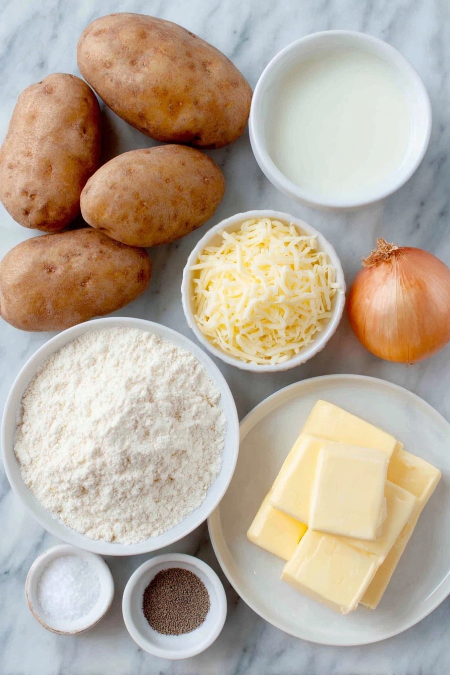 Flat lay of fresh russet potatoes whole and unpeeled, a small whole yellow onion, a few pats of natural unsalted butter on a white ceramic plate, a small white bowl of fine white flour, a small white bowl of milk, a small white bowl of shredded sharp cheddar cheese, a small white bowl of grated parmesan cheese, a small white bowl containing coarse salt, and a small white bowl with cracked black peppercorns placed on a clean white marble surface, soft natural light, photo taken with an iPhone, professional food photography style, fresh ingredients, white ceramic bowls, no bottles, no duplicates, no utensils, no packaging --ar 2:3 --v 7 --p m7354615311229779997 - Creamy Old-Fashioned Scalloped Potatoes, scalloped potatoes with cheese, classic scalloped potato casserole, easy scalloped potato side dish, cheesy scalloped potatoes recipe
