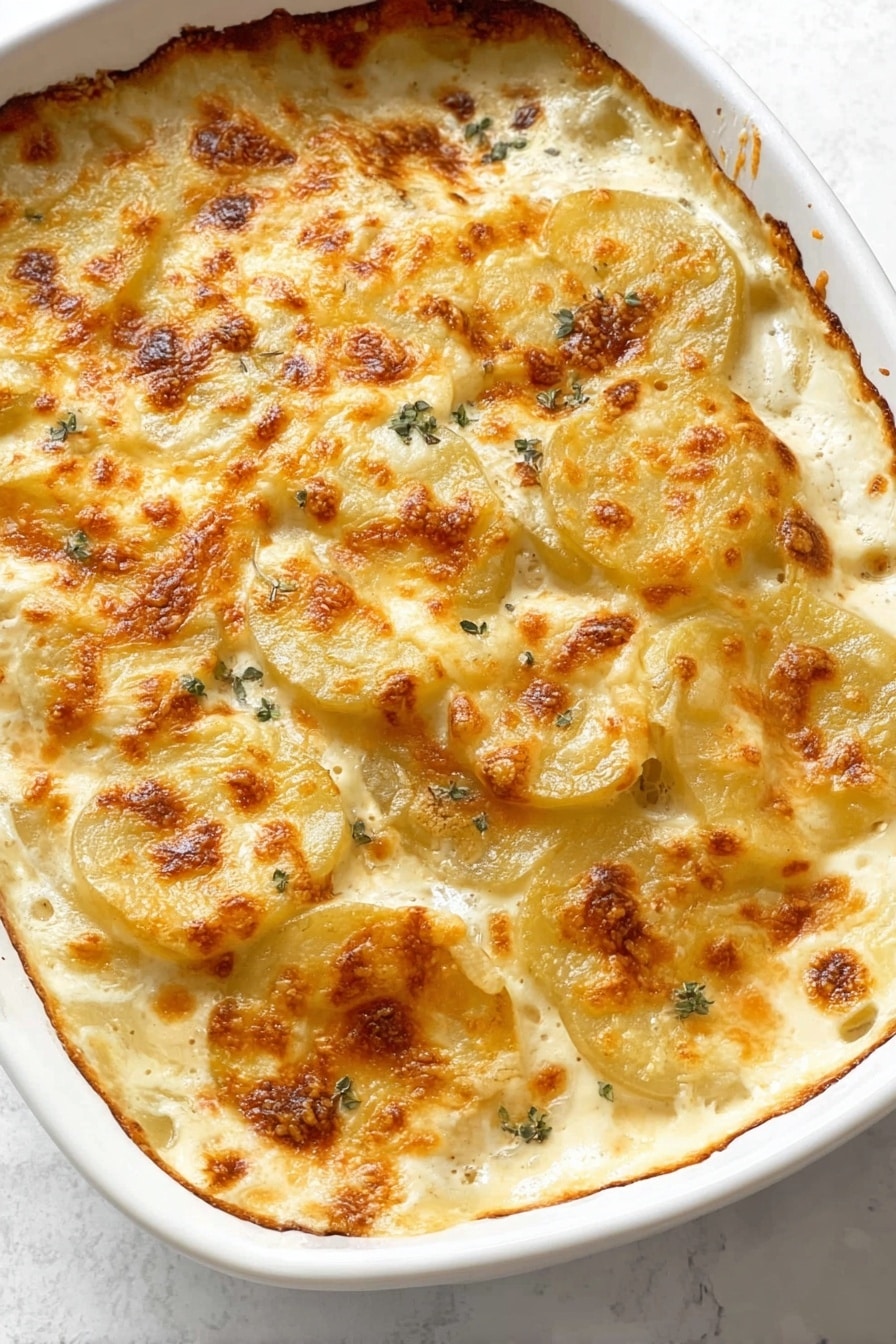 The dish shows a white baking dish filled with a layered potato casserole. The top layer is golden brown melted cheese with some browned spots, covering thin potato slices underneath that are off-white and smooth. The potatoes and cheese blend with a creamy sauce that bubbles up around edges and parts of the cheese. The surface beneath the baking dish is a white marbled texture. photo taken with an iphone --ar 2:3 --v 7 - Creamy Old-Fashioned Scalloped Potatoes, scalloped potatoes with cheese, classic scalloped potato casserole, easy scalloped potato side dish, cheesy scalloped potatoes recipe