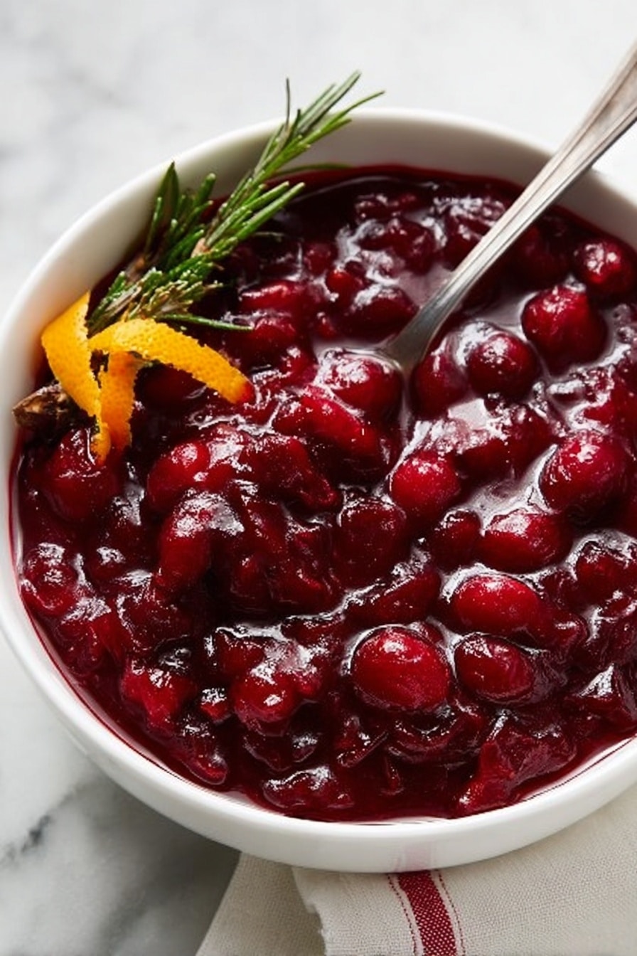 A white bowl filled with thick, glossy, dark red cranberry sauce with whole cranberries visible throughout. On the left side of the bowl, there is a small garnish with a fresh green rosemary sprig and an orange peel twist. A silver spoon rests inside the bowl, slightly digging into the sauce. The bowl is on a white marbled surface with a white cloth that has red stripes peeking in from the lower right corner. Photo taken with an iphone --ar 2:3 --v 7 - Easy Homemade Cranberry Sauce, cranberry sauce recipe, holiday cranberry sauce, fresh cranberry sauce, quick homemade cranberry sauce