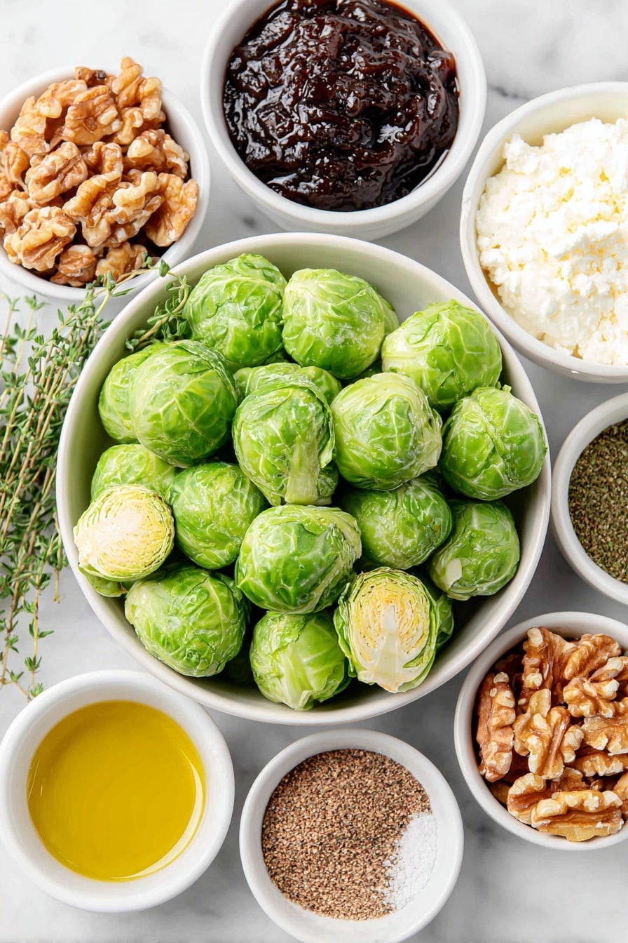 Flat lay of small to medium halved Brussels sprouts, toasted walnut halves, a small white bowl of extra-virgin olive oil, a small white bowl of pomegranate molasses, a small white bowl of labneh, a small white bowl of crumbled Shanklish cheese, fresh thyme sprigs with some chopped leaves visible, a small white bowl of za’atar spice, a small white bowl of Aleppo pepper, and a small white bowl of kosher salt, all arranged with perfect symmetry on a clean white marble surface, soft natural light, photo taken with an iPhone, professional food photography style, fresh ingredients, white ceramic bowls, no bottles, no duplicates, no utensils, no packaging --ar 2:3 --v 7 --p m7354615311229779997 - Roasted Brussels Sprouts with Walnuts and Pomegranate, Brussels Sprouts Side Dish, Pomegranate and Walnut Veggie Recipe, Healthy Brussels Sprouts Ideas, Easy Roasted Brussels Sprouts