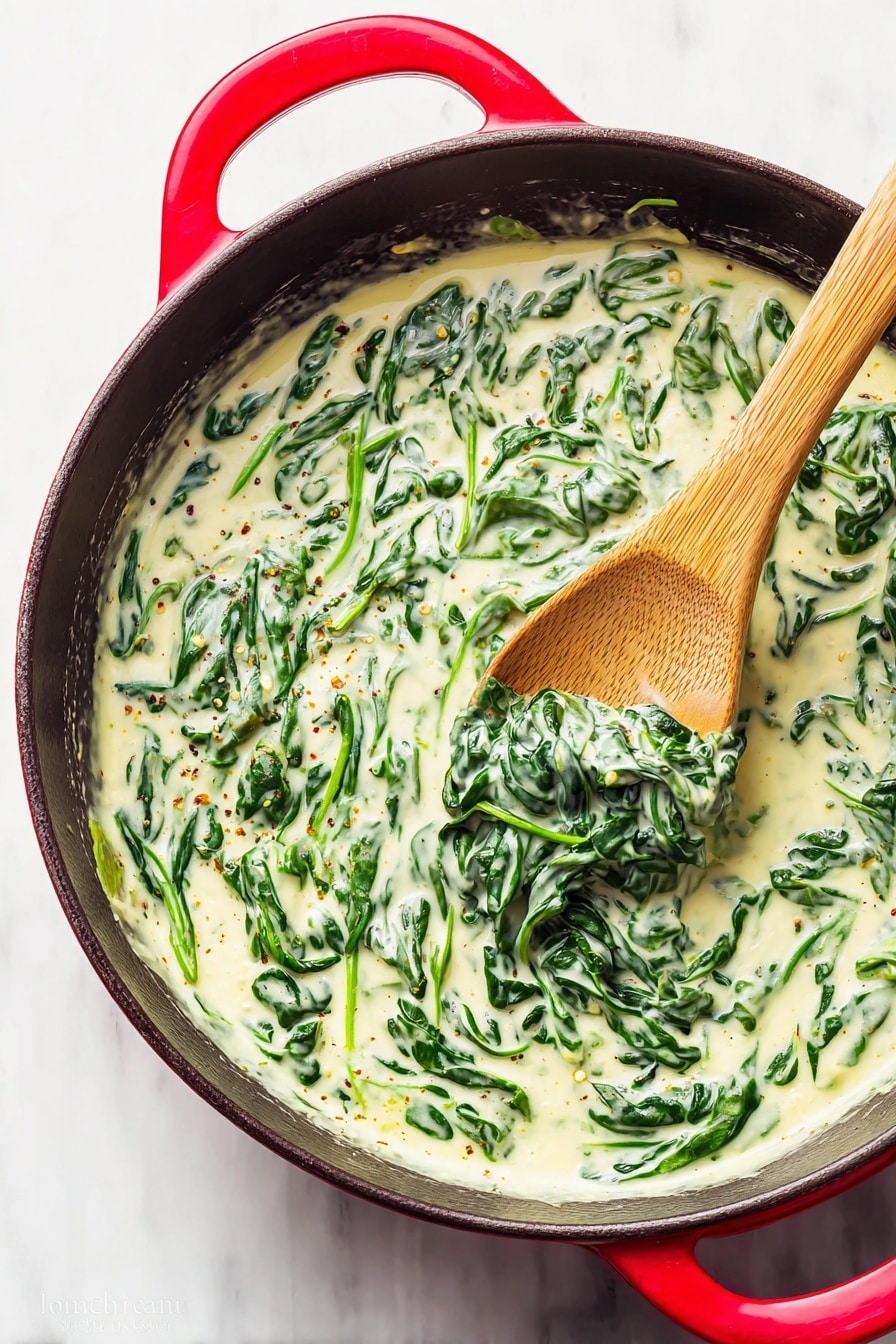A red pan filled with creamy spinach sauce shows large dark green spinach leaves mixed in smooth, light yellow cream sauce with small specks of herbs and spices. A wooden spoon with a light brown texture is resting inside the pan on the right side, partly covered in the sauce, lifting some spinach and cream. The scene is placed on a white marbled surface. photo taken with an iphone --ar 2:3 --v 7 - Easy Creamed Spinach, creamy spinach side dish, quick spinach recipe, garlicky creamed spinach, easy vegetable sides