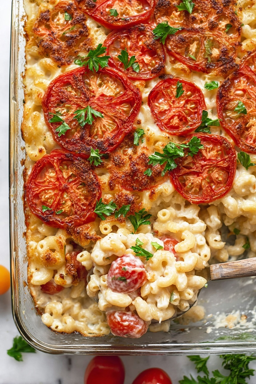 A glass baking dish filled with baked macaroni and cheese, showing small elbow pasta coated in creamy melted cheese as the base layer. On top, there are large, round slices of red tomatoes, some soft and slightly browned around the edges, creating a colorful layer of deep red and orange hues. Sprigs of fresh green parsley are scattered on the tomato slices as a garnish. A spoon is scooping out a portion from the dish, lifting some pasta mixed with tomato pieces, revealing the creamy texture beneath. The dish is set on a white marbled surface with some loose parsley and cherry tomatoes nearby. Photo taken with an iphone --ar 2:3 --v 7 - Baked Tomato Mac and Cheese, baked tomato mac and cheese, cheesy tomato pasta bake, creamy baked mac and cheese with tomatoes, easy baked mac and cheese with roasted tomatoes
