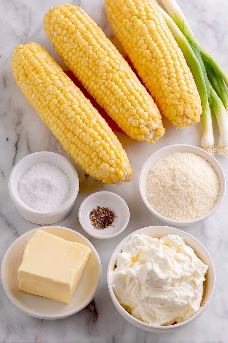 Flat lay of fresh shucked ears of corn with bright yellow kernels, a small white bowl of whole milk, a small white bowl of kosher salt, a small white bowl of granulated sugar, a small white bowl of black pepper, a simple white ceramic bowl of coarse stone-ground grits, a chunk of room-temperature cream cheese, a few fresh scallions with bright green tops and white bases, a pat of soft unsalted butter, and a small white bowl of heavy whipping cream placed on a clean white marble surface, soft natural light, photo taken with an iPhone, professional food photography style, fresh ingredients, white ceramic bowls, no bottles, no duplicates, no utensils, no packaging --ar 2:3 --v 7 --p m7354615311229779997 - Creamed Corn Grits, creamed corn gritss, Southern creamed corn grits, creamy corn and grits, comforting cornbread side dish