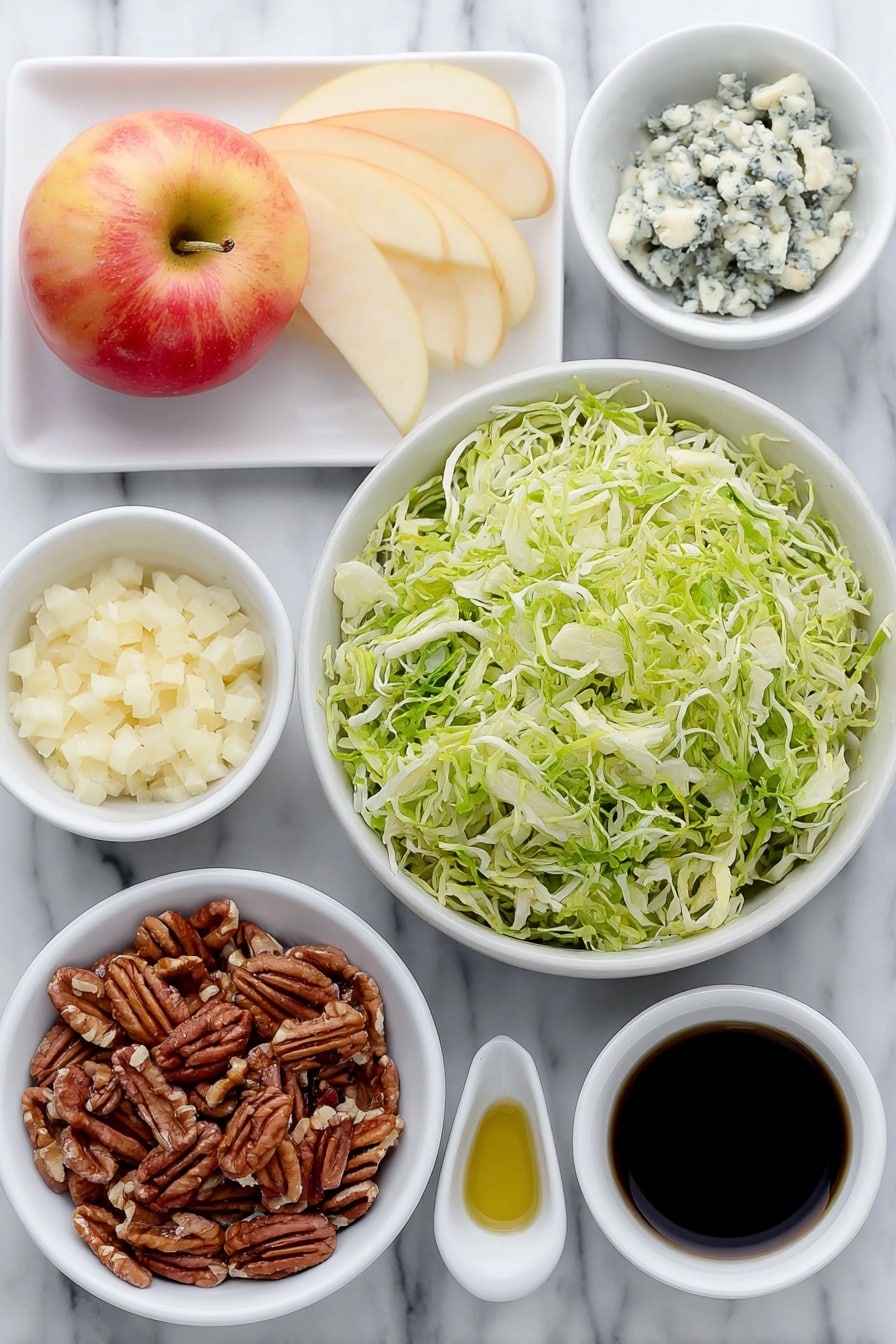 Flat lay of thinly shredded fresh green Brussels sprouts in a simple white ceramic bowl, a small honey crisp apple diced into matchsticks with bright red and yellow skin on a white plate, roughly chopped pecans scattered on a white dish, crumbled blue cheese in a small white bowl, minced shallots in a tiny white bowl, extra virgin olive oil in a small white bowl, Dijon mustard in a small white bowl, balsamic vinegar in a small white bowl, all arranged symmetrically with perfect balance, placed on a clean white marble surface, soft natural light, photo taken with an iPhone, professional food photography style, fresh ingredients, white ceramic bowls, no bottles, no duplicates, no utensils, no packaging --ar 2:3 --v 7 --p m7354615311229779997 - Fall Brussels Sprout Salad with Apple and Blue Cheese, healthy fall salads, easy Brussels sprouts salad recipe, seasonal apple and blue cheese salad, quick autumn side dish