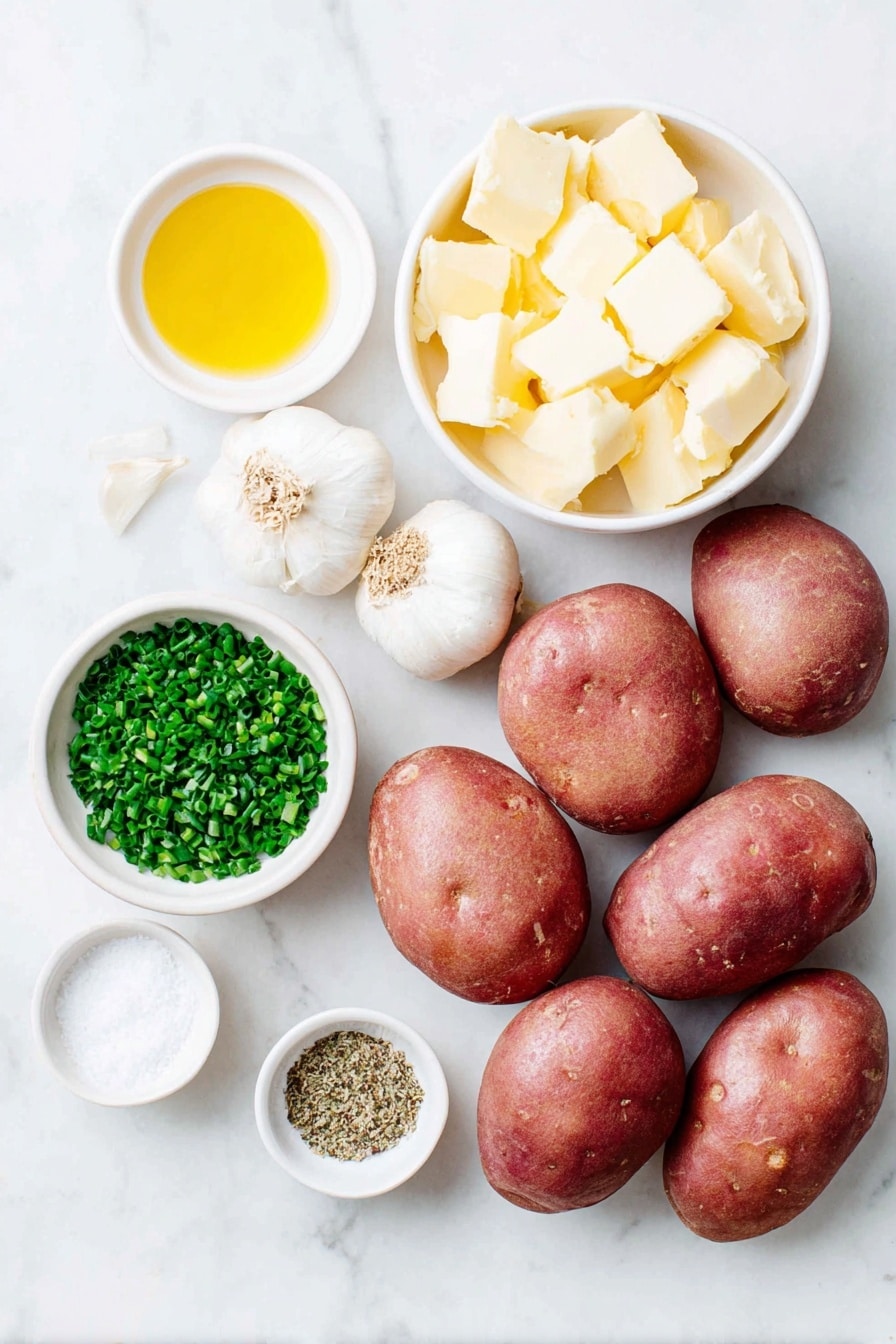 Flat lay of six medium-sized red potatoes with smooth skin, a small white ceramic bowl filled with golden salted butter chunks, a small white ceramic bowl containing vibrant green chopped fresh chives, a small white ceramic bowl of bright green fresh chopped parsley, four whole uncracked garlic cloves with papery skins intact, a small white ceramic bowl of rich golden olive oil, a small white ceramic bowl holding coarse white salt, and a small white ceramic bowl of freshly ground black pepper, all arranged with perfect symmetry on a clean white marble surface, soft natural light, photo taken with an iPhone, professional food photography style, fresh ingredients, white ceramic bowls, no bottles, no duplicates, no utensils, no packaging --ar 2:3 --v 7 --p m7354615311229779997 - Garlic Herb Potato Galette, potato galette recipe, crispy potato side dish, savory potato galette, easy potato recipes