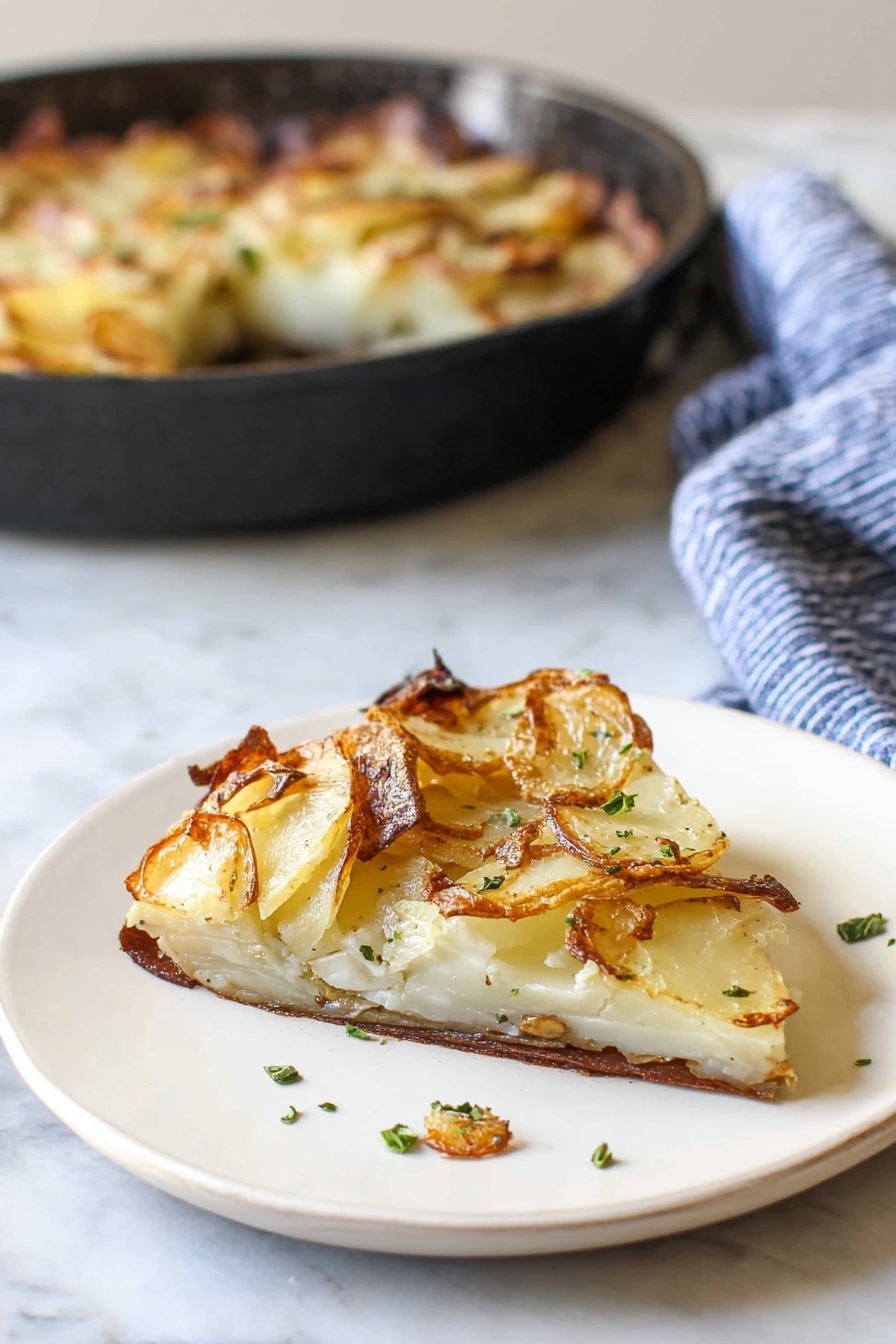 The image shows a slice of potato dish on a white plate, placed on a white marbled surface. The dish has three visible layers: a thin, crispy brown bottom crust; a middle layer of soft, white potatoes; and a top layer of slightly curled, golden-brown potato slices with some browned edges. Small green herb pieces are scattered on top and around the slice. In the background, there is a black cast-iron pan with the remaining potato dish visible, and a blue-striped cloth is draped on the right side. Photo taken with an iphone --ar 2:3 --v 7 - Garlic Herb Potato Galette, potato galette recipe, crispy potato side dish, savory potato galette, easy potato recipes