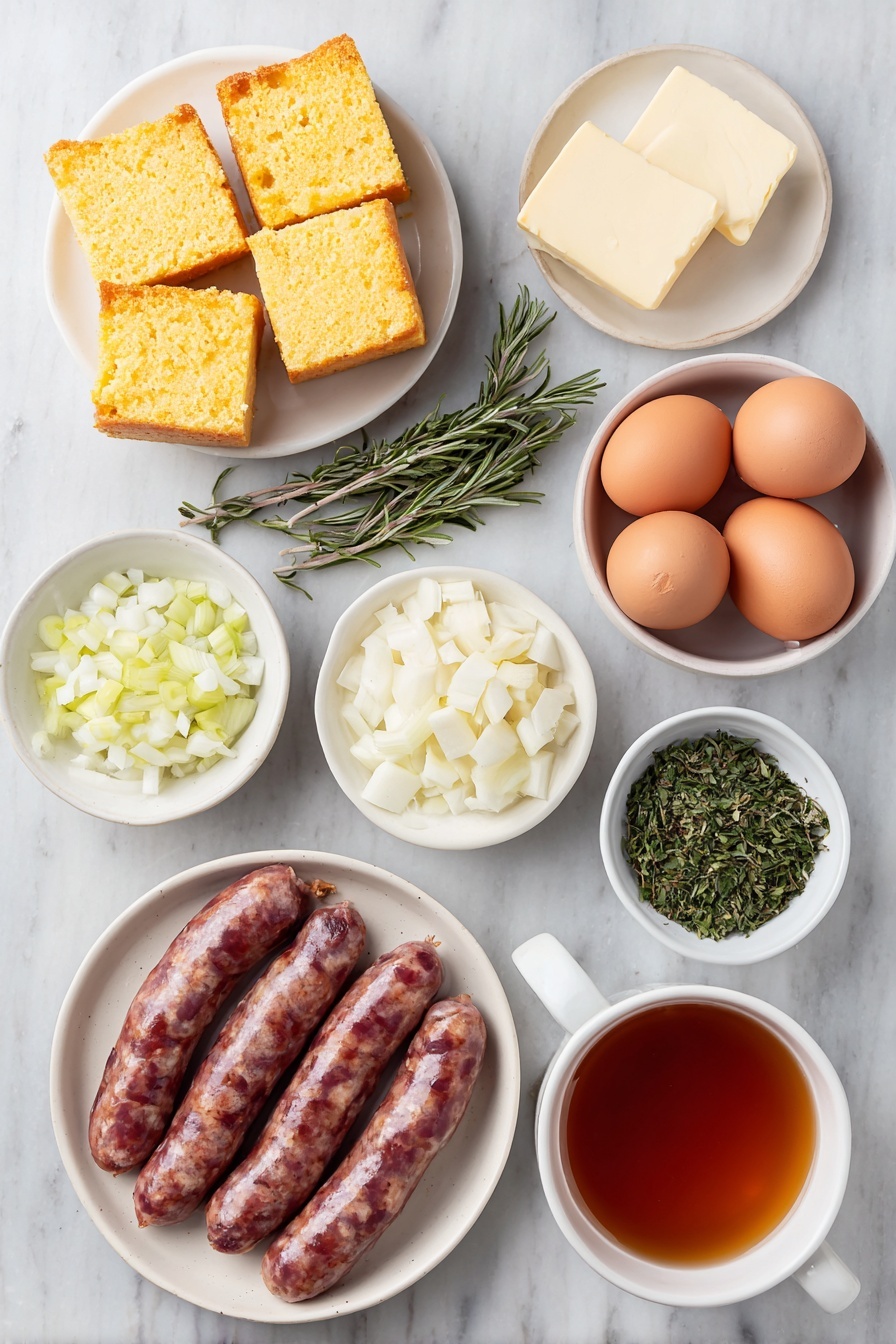 Flat lay of cubed day-old cornbread in a simple white ceramic bowl, cubed country white bread in a similar white bowl, fresh sweet Italian sausage links arranged raw and whole, a few small pats of unsalted butter stacked neatly on a white ceramic plate, diced celery in a small white bowl, diced yellow onion in another white bowl, fresh sage sprigs, fresh thyme sprigs, fresh rosemary sprigs, a small pile of chopped flat-leaf parsley, quartered peeled roasted chestnuts on a white plate, a small white bowl filled with amber apple cider, a small white bowl of low sodium chicken stock, two whole uncracked large brown eggs on a white ceramic dish, all ingredients arranged symmetrically and balanced, placed on a clean white marble surface, soft natural light, photo taken with an iPhone, professional food photography style, fresh ingredients, white ceramic bowls, no bottles, no duplicates, no utensils, no packaging --ar 2:3 --v 7 --p m7354615311229779997 - Sausage and Chestnut Stuffing, flavorful holiday stuffing, savory sausage stuffing, chestnut stuffing recipe, festive stuffing ideas