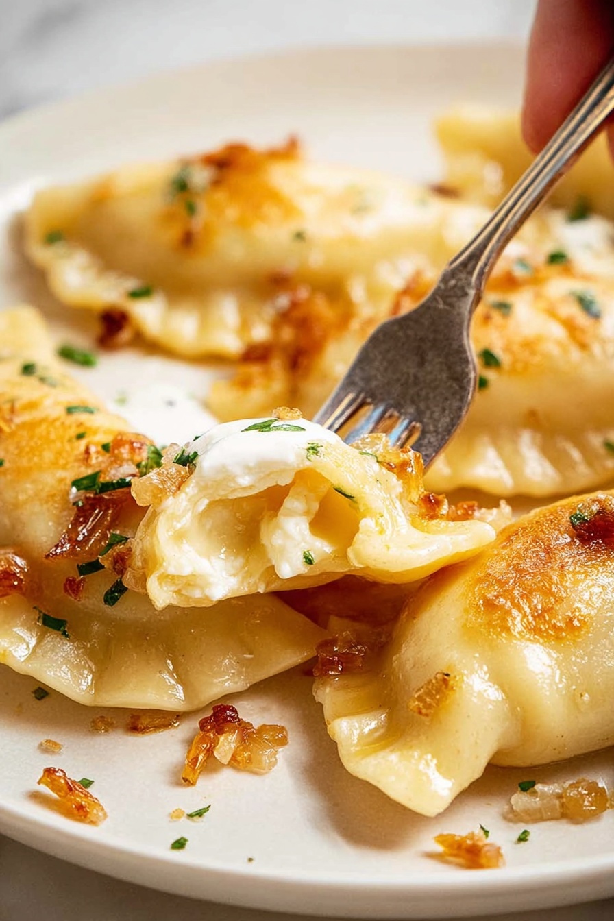 A close-up shot shows several golden brown pierogi with a soft, slightly crispy dough texture on a white plate. One pierogi is being pierced by a metal fork held by a woman's hand, revealing a creamy, pale yellow potato filling inside. The pierogi are lightly topped with small bits of golden fried onions and sprinkled with green herbs. There is a bit of white sour cream on top of the pierced pierogi, adding a creamy contrast. The white plate sits on a white marbled surface with small droplets and bits of fried onions around. photo taken with an iphone --ar 2:3 --v 7 - Cheesy Potato Pierogi Ruskie, Polish pierogi filling recipe, homemade pierogi dumplings, comfort Polish dishes, cheesy potato dumplings