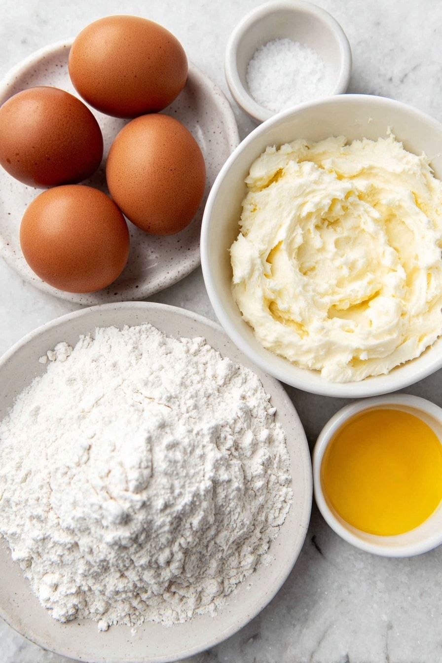 Flat lay of three whole uncracked brown eggs, a small mound of fine white bread flour on a simple white ceramic plate, a small white bowl filled with creamy room-temperature milk, a small white bowl with melted golden butter, and a small white bowl containing coarse kosher salt crystals, all arranged symmetrically and balanced on a clean white marble surface, soft natural light, photo taken with an iPhone, professional food photography style, fresh ingredients, white ceramic bowls, no bottles, no duplicates, no utensils, no packaging --ar 2:3 --v 7 --p m7354615311229779997 - Fluffy Popovers with Bread Flour, airy bread flour popovers, homemade bread flour popovers, easy bread flour breakfast, golden crust popover recipe