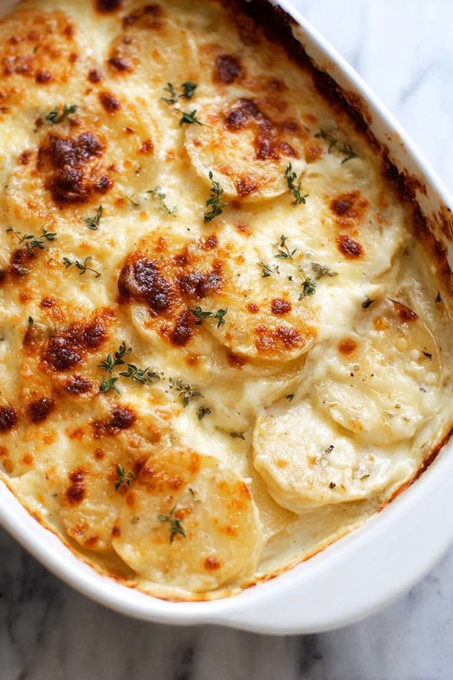 A white dish holds a creamy potato bake with multiple layers of thin, round potato slices, covered by a thick, bubbly cheese layer that has golden-brown spots on top. Small green herb leaves are scattered gently across the top, adding a touch of color to the rich, melted cheese. The potatoes underneath peek through slightly, showing their soft texture beneath the cheese crust. The dish is placed on a white marbled surface. photo taken with an iphone --ar 2:3 --v 7 - Creamy Potatoes au Gratin with Cheese, cheesy potato bake, French-inspired potato dish, easy potato gratin, comforting cheesy side dish
