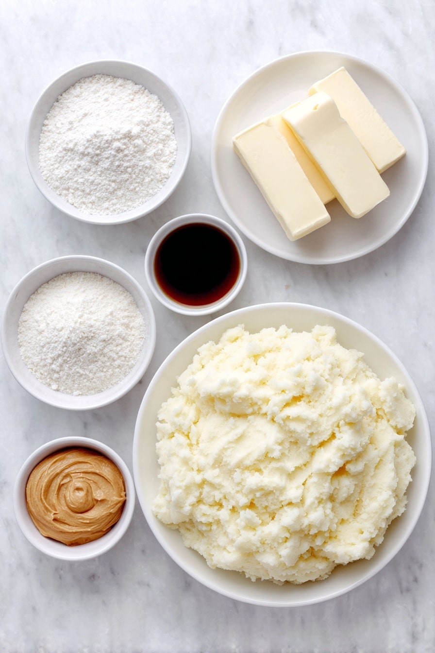 Flat lay of a small mound of plain mashed potatoes on a simple white ceramic plate, a few slices of salted butter stacked neatly on a white ceramic dish, a small white bowl filled with fine powdered sugar, another small white bowl containing creamy peanut butter, and a small white bowl with golden vanilla extract liquid, all arranged symmetrically and proportionally, placed on a clean white marble surface, soft natural light, photo taken with an iPhone, professional food photography style, fresh ingredients, white ceramic bowls, no bottles, no duplicates, no utensils, no packaging --ar 2:3 --v 7 --p m7354615311229779997 - Potato Candy with Peanut Butter Filling, Southern Candy Recipes, Nostalgic Candy Ideas, Easy Candy Recipes, Unique Candy Treats