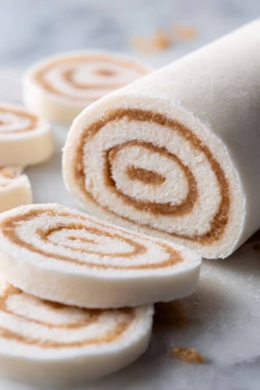 The image shows a close-up view of a rolled white dessert or snack with a smooth, slightly shiny surface. It has several visible layers: the outer layer is a soft white dough or cream, and inside there is a light brown filling that is spread evenly in a spiral pattern from the center to the outside. The roll is resting on a white marbled surface, and there are slices of the roll surrounding the main piece, showing the same swirl layers clearly. The texture looks soft and smooth, with some small crumbs around the roll. The photo taken with an iphone --ar 2:3 --v 7 - Potato Candy with Peanut Butter Filling, Southern Candy Recipes, Nostalgic Candy Ideas, Easy Candy Recipes, Unique Candy Treats