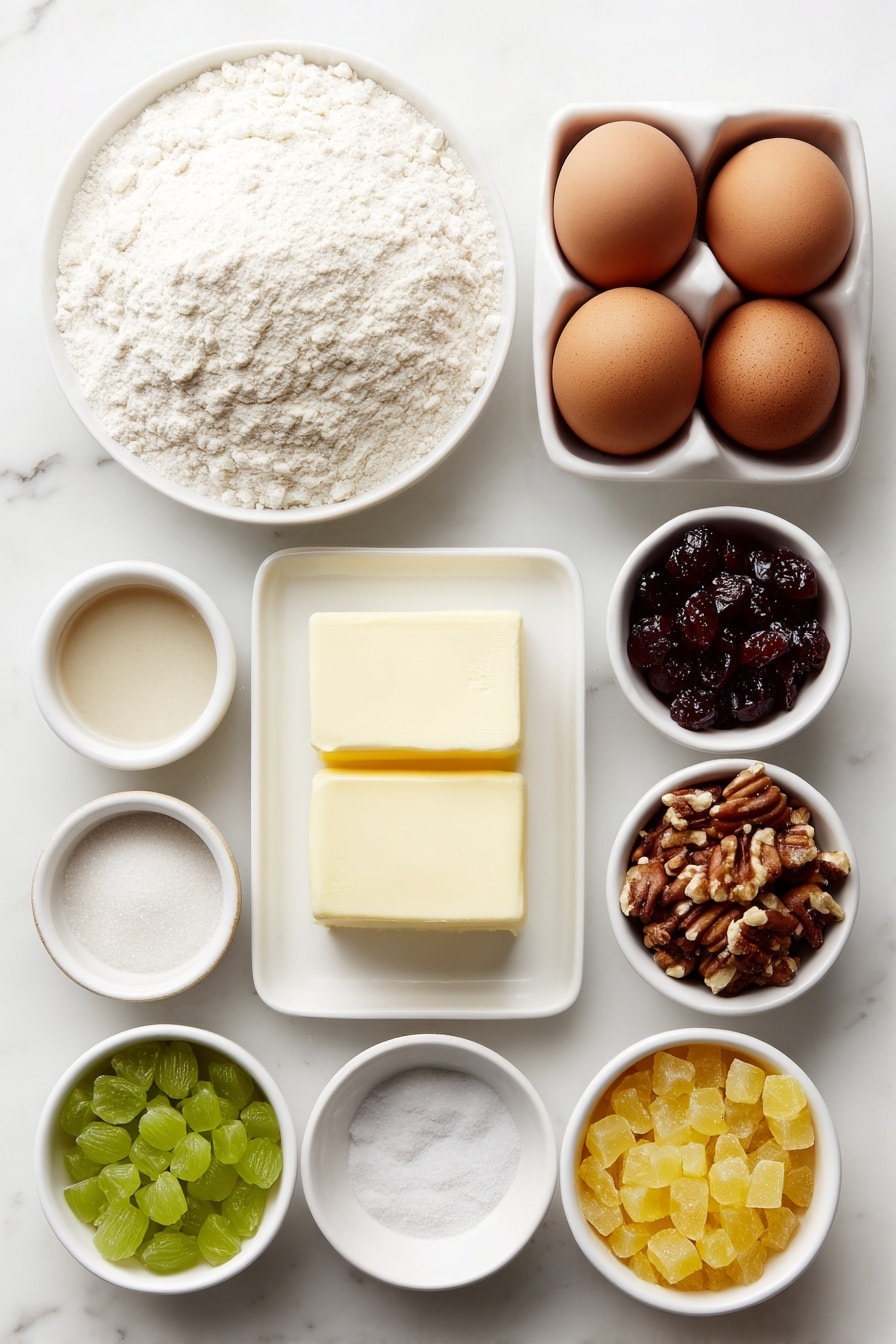 Flat lay of a small mound of all-purpose flour on a simple white ceramic plate, a teaspoon of baking soda and a small heap of salt each in their own small white ceramic bowls, a square of unsalted butter softened and cut into chunks on a white ceramic dish, two large whole uncracked brown eggs, a small white bowl filled with granulated sugar, another small white bowl holding packed light brown sugar, a small white bowl with clear vanilla extract, a small white bowl with chopped pitted dates, a small white bowl with bright red chopped candied cherries, another small white bowl with vibrant green chopped candied cherries, a small white bowl with golden chopped candied pineapple, a small white bowl with chopped pecans, and a small white bowl with chopped walnuts, all arranged symmetrically and balanced with realistic proportions, placed on a clean white marble surface, soft natural light, photo taken with an iPhone, professional food photography style, fresh ingredients, white ceramic bowls, no bottles, no duplicates, no utensils, no packaging --ar 2:3 --v 7 --p m7354615311229779997 - Fruitcake Cookies with Nuts and Dried Fruit, holiday cookies with dried fruit and nuts, easy fruitcake cookie recipe, festive nut and dried fruit cookies, chewy fruitcake cookies
