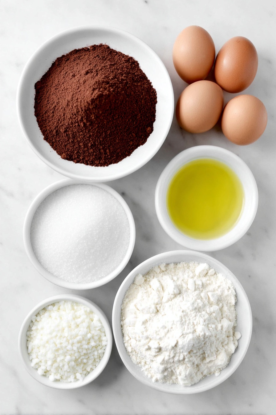 Flat lay of a small mound of rich unsweetened cocoa powder, a neatly heaped pile of granulated sugar, a small white ceramic bowl filled with clear golden vegetable oil, four large uncracked brown eggs arranged in a line, a small white ceramic bowl holding clear vanilla extract, a modest heap of all-purpose flour, a small pile of fine baking powder, a small pile of fine salt crystals, and a small white ceramic bowl filled with fluffy powdered sugar, all placed on a clean white marble surface, soft natural light, photo taken with an iPhone, professional food photography style, fresh ingredients, white ceramic bowls, no bottles, no duplicates, no utensils, no packaging --ar 2:3 --v 7 --p m7354615311229779997 - Chocolate Crinkle Cookies, fudgy chocolate cookies, crackled chocolate cookies, easy chocolate cookie recipe, soft chocolate cookies