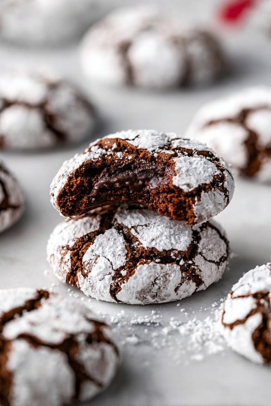 The image shows several round chocolate cookies covered in white powdered sugar cracks, placed on a white marbled surface. One cookie is stacked over another and has a bite taken out of it, revealing a soft, dark brown chocolate inside with a moist texture. The cookies around it are whole, with the powdered sugar forming irregular cracked patterns that contrast with the rich dark color of the chocolate dough. The background is blurred, focusing on the bitten cookie in the middle. Photo taken with an iphone --ar 2:3 --v 7 - Chocolate Crinkle Cookies, fudgy chocolate cookies, crackled chocolate cookies, easy chocolate cookie recipe, soft chocolate cookies