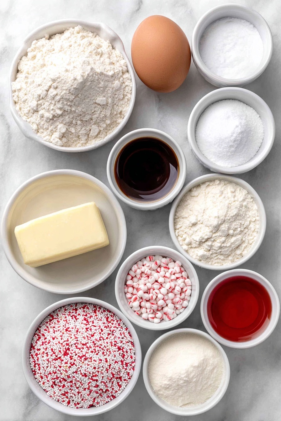 Flat lay of a small mound of all-purpose flour, a small mound of cornstarch, a small heap of baking soda powder, a small pile of baking powder, a small pinch of salt crystals, a smooth stick of unsalted butter, a small pile of granulated sugar, one whole brown egg with a clean shell, a small white bowl of vanilla extract, a small white bowl of peppermint extract, a small white bowl with vibrant red gel icing color, a small white bowl of assorted colorful sprinkles and crushed peppermint candy, all arranged symmetrically in simple white ceramic bowls and dishes, placed on a clean white marble surface, soft natural light, photo taken with an iPhone, professional food photography style, fresh ingredients, white ceramic bowls, no bottles, no duplicates, no utensils, no packaging --ar 2:3 --v 7 --p m7354615311229779997 - Peppermint Candy Cane Cookies, festive holiday cookies, peppermint cookie recipe, Christmas cookie ideas, easy peppermint treats