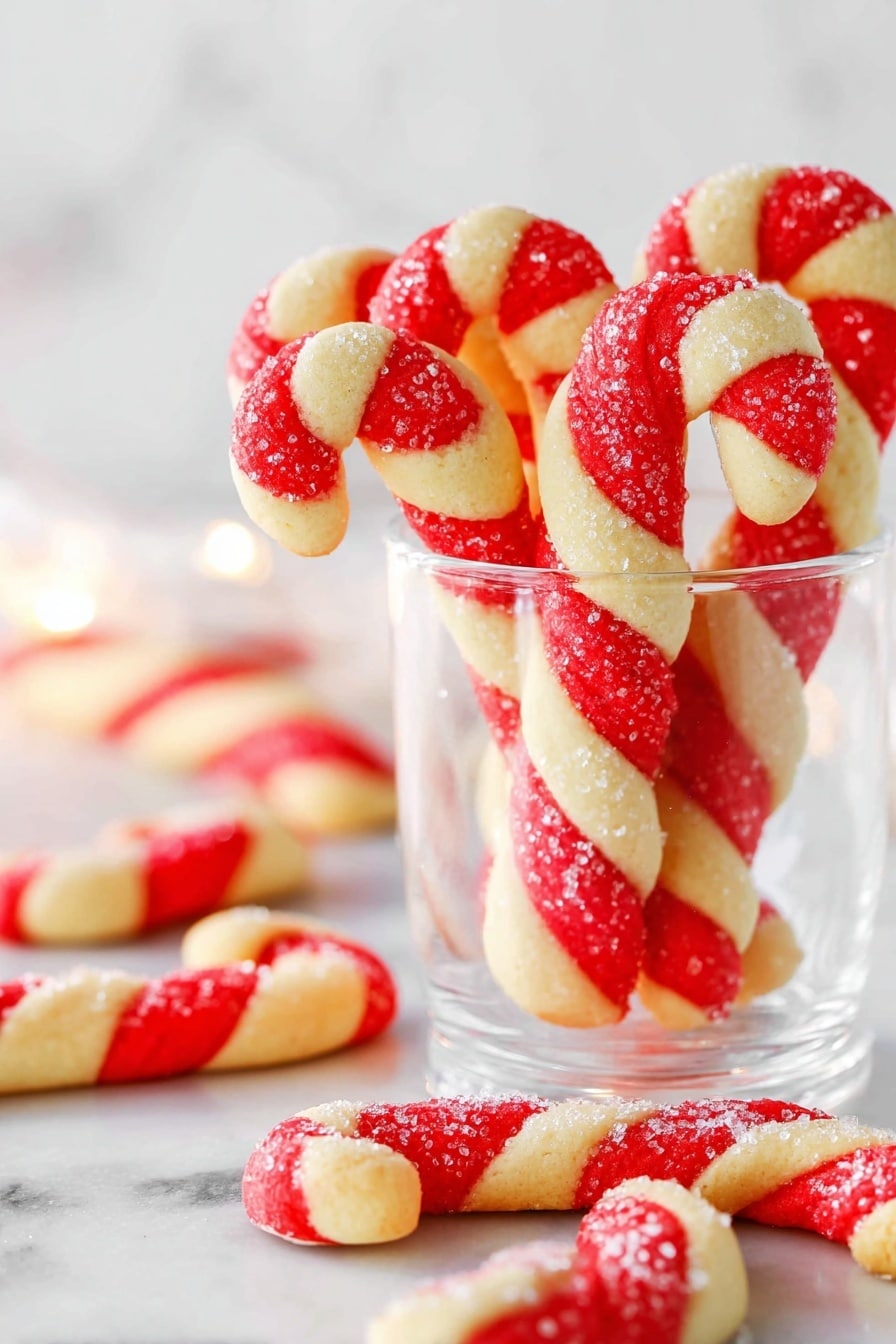 The image shows several candy cane shaped cookies made from two twisted colors, bright red and pale cream, creating bold stripes all along each cookie. Some of the cookies are placed standing up inside a clear glass, while others lay scattered on a white marbled surface around the glass. Each cookie is sprinkled lightly with coarse white sugar crystals that add a bit of sparkle, and the smooth texture of the dough contrasts with the rough sugar on top. The background is softly blurred but mostly white, accentuating the vivid red and cream colors of the cookies. The photo taken with an iphone --ar 2:3 --v 7 - Peppermint Candy Cane Cookies, festive holiday cookies, peppermint cookie recipe, Christmas cookie ideas, easy peppermint treats