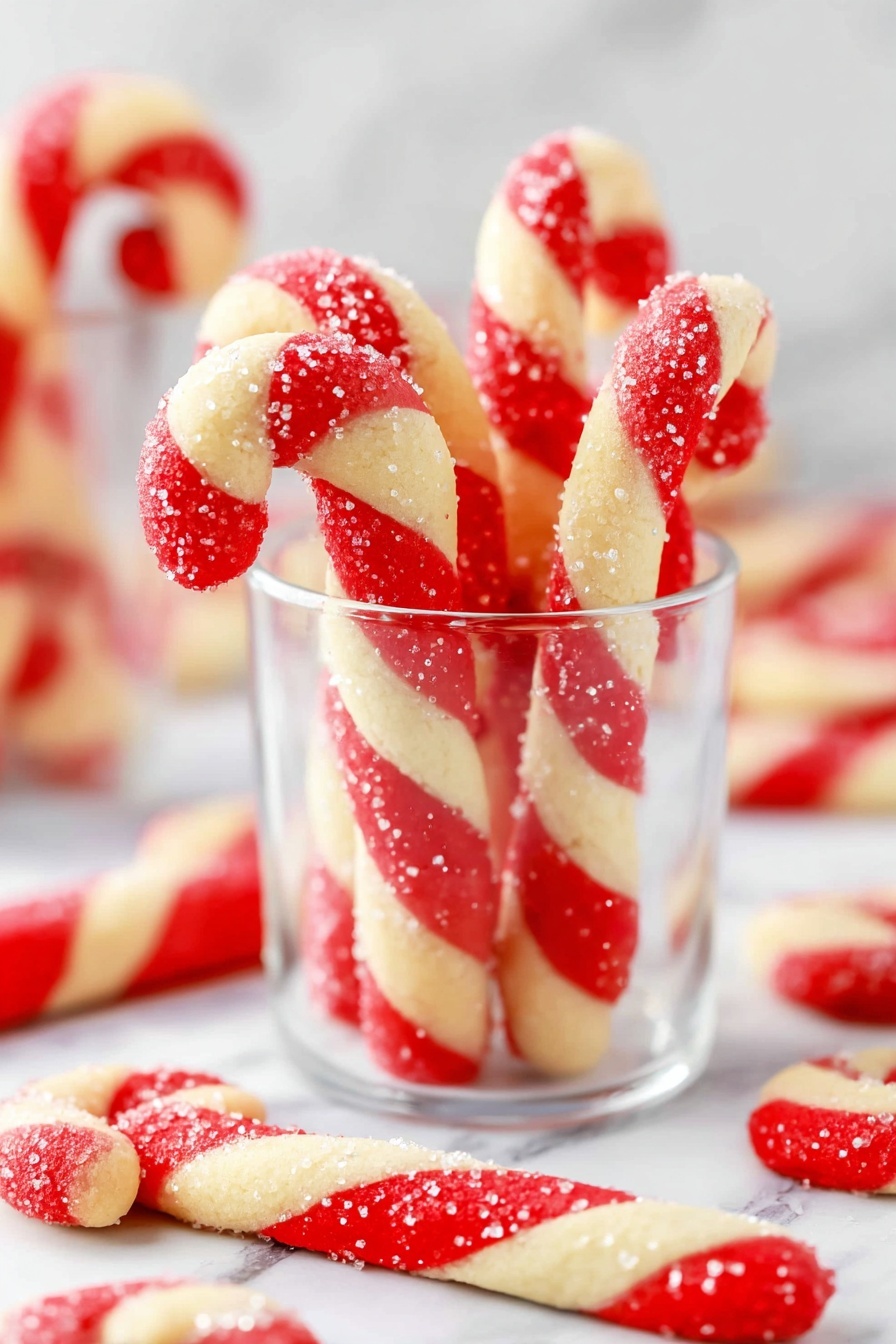 The image shows several candy cane-shaped cookies in a clear glass on a white marbled surface. Each candy cane has two twisted layers, one red and one cream-colored, with some cookies sprinkled with small sugar crystals on the red sections. Additional candy cane cookies are lying on the surface around the glass, with the same twisted two-layer pattern of red and cream colors. The photo is bright and clear with a soft background showing more candy cane cookies slightly out of focus. Photo taken with an iphone --ar 2:3 --v 7 - Peppermint Candy Cane Cookies, festive holiday cookies, peppermint cookie recipe, Christmas cookie ideas, easy peppermint treats