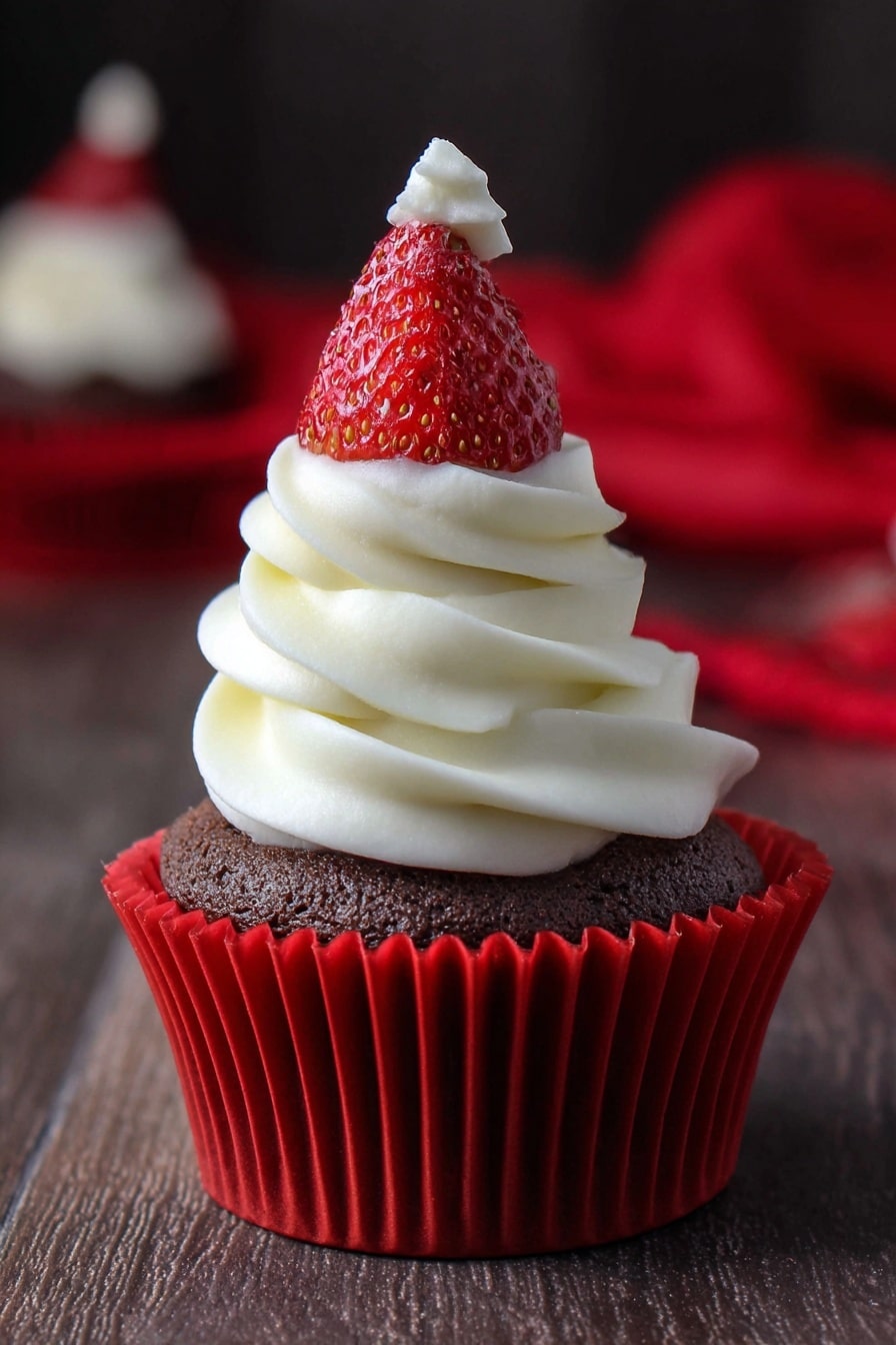 A chocolate cupcake sits in a bright red cupcake liner on a dark wooden surface. On top of the cupcake is a thick swirl of smooth white cream frosting rising in soft peaks. Centered above the frosting is a whole fresh strawberry, bright red with visible seeds and a small white cream dollop on its tip. In the blurred background, a red cloth adds a splash of color while the surface maintains a neutral tone. photo taken with an iphone --ar 2:3 --v 7 - Strawberry Santa Hat Cupcakes, holiday cupcake ideas, Christmas dessert recipes, festive cupcake decorations, easy holiday baking