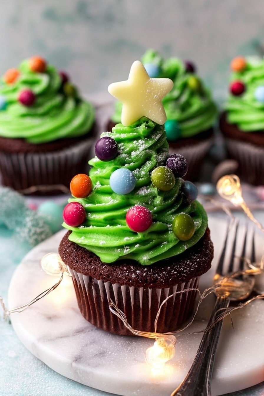 A white cupcake liner holds a dark brown cupcake topped with a swirl of bright green frosting shaped like a Christmas tree. The green frosting is decorated with colorful round candy pieces in red, purple, orange, blue, and white, resembling ornaments. A pale yellow star-shaped candy sits on the top of the frosting tree. Some white powder dusts the frosting and cupcake surface lightly. The cupcake is placed on a white marbled round plate, with a silver fork resting near the cupcake liner's edge. Small colorful candy balls and small string lights add festive colors around the plate. photo taken with an iphone --ar 2:3 --v 7 - Christmas Tree Cupcakes with Chocolate and Vanilla Frosting, festive holiday cupcakes, Christmas dessert ideas, holiday baking recipes, cute Christmas cupcakes