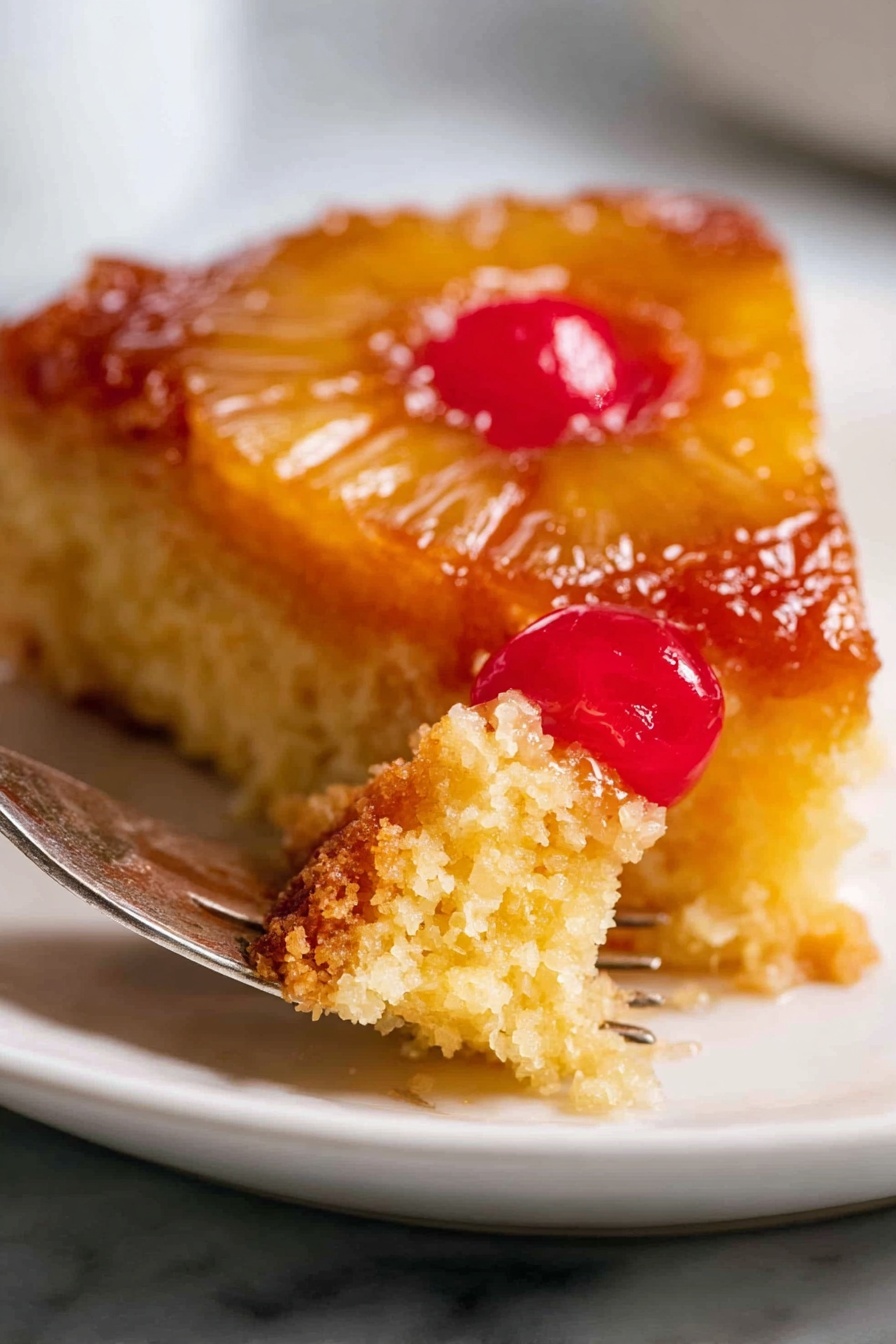 A close-up of a pineapple upside-down cake slice resting on a white plate with a white marbled background. The cake has two layers: the bottom layer is a moist yellow cake with a soft, crumbly texture, and the top layer is a caramelized golden brown pineapple ring with a bright red cherry in the middle. Part of the slice is lifted by a silver fork showing the moist inside texture, and the surface of the cake glistens with a shiny glaze. Photo taken with an iphone --ar 2:3 --v 7 - Pineapple Upside Down Cake with Cherry Topping, tropical pineapple cake recipe, classic pineapple upside down cake, easy pineapple dessert, cherry pineapple cake