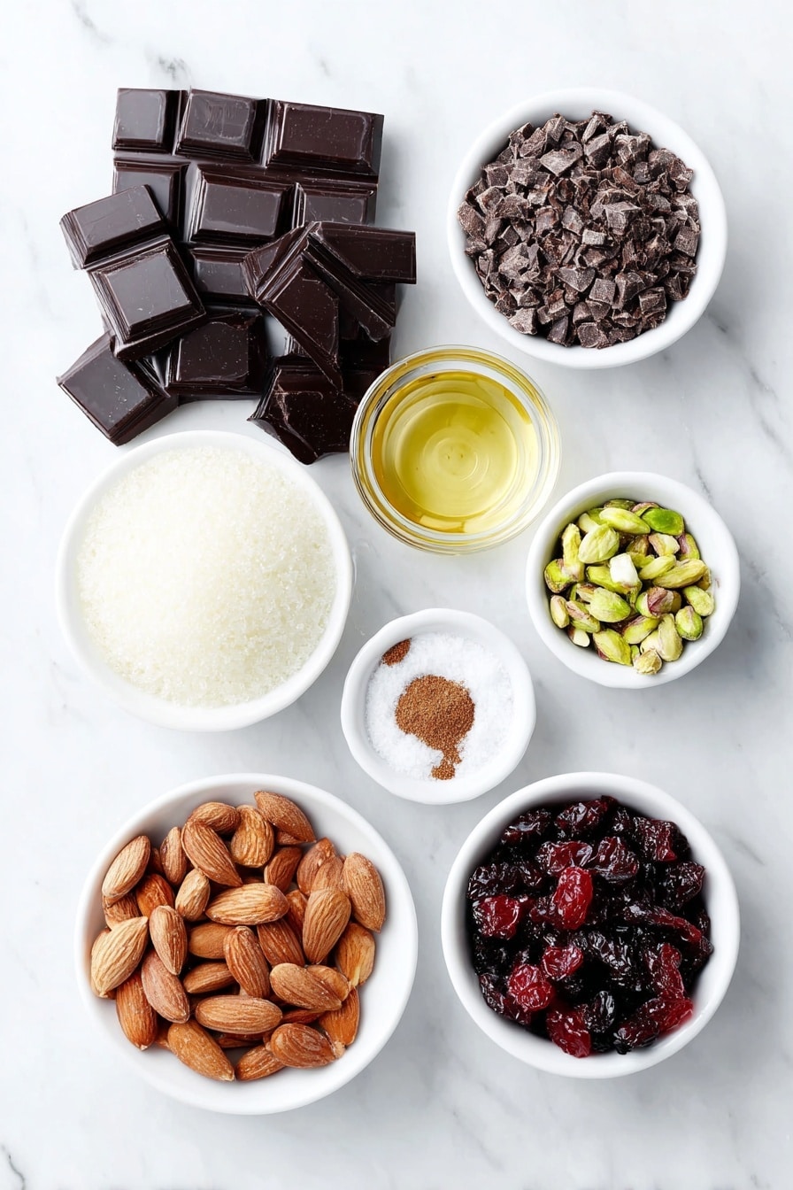 Flat lay of finely chopped dark chocolate pieces, finely chopped semi-sweet chocolate chunks, small white ceramic bowls with ground cinnamon, peppermint extract, and crushed candy canes, a handful of roasted almonds, shelled unsalted pistachios, dried cherries, dried cranberries, and toffee bits, all arranged symmetrically and naturally on a clean white marble surface, soft natural light, photo taken with an iPhone, professional food photography style, fresh ingredients, white ceramic bowls, no bottles, no duplicates, no utensils, no packaging --ar 2:3 --v 7 --p m7354615311229779997 - Easy Chocolate Bark with Nuts and Fruit, chocolate bark recipe, homemade chocolate toppings, nut and fruit chocolate treat, quick holiday desserts