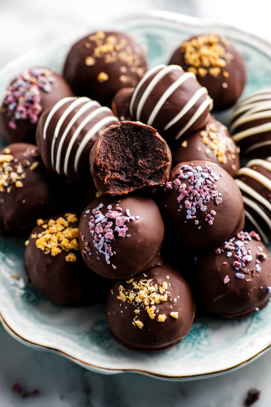 A white plate filled with several dark brown chocolate truffles, smooth and round in shape. Some truffles have a drizzle of thin, white chocolate lines on the top, while others are decorated with small, colorful sprinkles in yellow, purple, and pink, or crumbly dark brown bits. One truffle in the center has a bite showing a dense and moist dark inside. The plate sits on a white marbled surface, which adds a clean and bright contrast to the rich chocolates. photo taken with an iphone --ar 2:3 --v 7 - Easy Oreo Truffles, Oreo Truffles, No-Bake Oreo Treats, Simple Dessert Ideas, Party Dessert Recipes