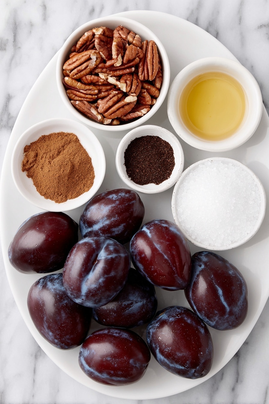 Flat lay of fresh whole French plums with deep reddish-purple skin, a small pile of toasted pecan halves, a small white bowl of warm brown ground cinnamon powder, a small white bowl of finely cut dried orange peel pieces, a small white bowl of dark brown ground clove powder, a small white bowl with a splash of pure vanilla extract, a small white bowl of fine white table salt, a small white bowl filled with coarse raw sugar crystals all arranged symmetrically on a simple white ceramic plate and dishes placed on a clean white marble surface, soft natural light, photo taken with an iPhone, professional food photography style, fresh ingredients, white ceramic bowls, no bottles, no duplicates, no utensils, no packaging --ar 2:3 --v 7 --p m7354615311229779997 - Homemade Sugar Plums with Spices, festive holiday treats, no-bake fruit candies, spicy fruit bites, easy holiday recipes