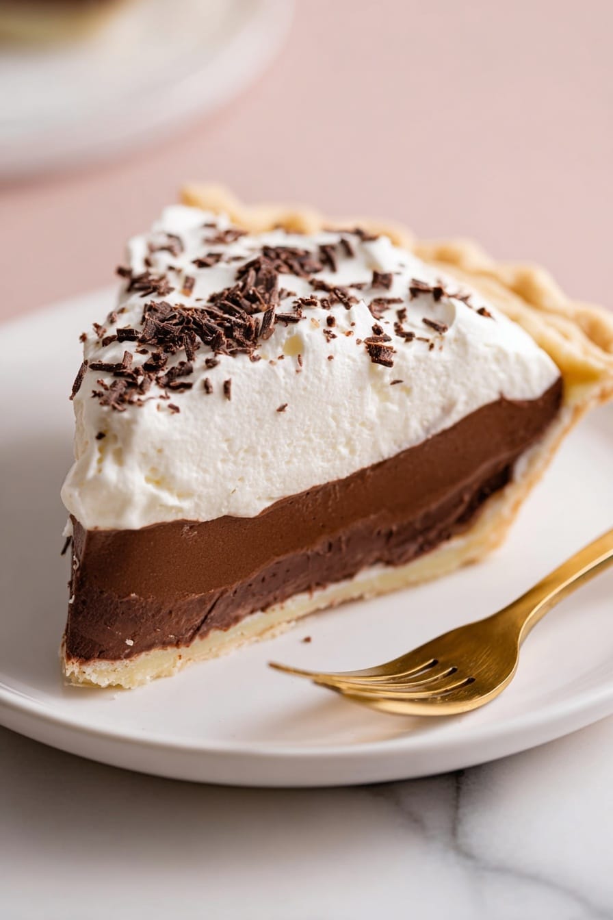 A single slice of pie with three visible layers sits on a white plate. The bottom layer is a light tan and crumbly crust. The middle layer is a thick, smooth, dark brown chocolate filling. The top layer is a puffy, white whipped cream, sprinkled with small, rough, dark chocolate shavings. A gold fork lies on the plate beside the pie slice. The whole scene is set on a pale pink surface with a white marbled texture visible beneath. Photo taken with an iphone --ar 2:3 --v 7 - Decadent Chocolate Cream Pie, chocolate cream pie recipe, easy chocolate pie, homemade chocolate pie, rich chocolate pie dessert