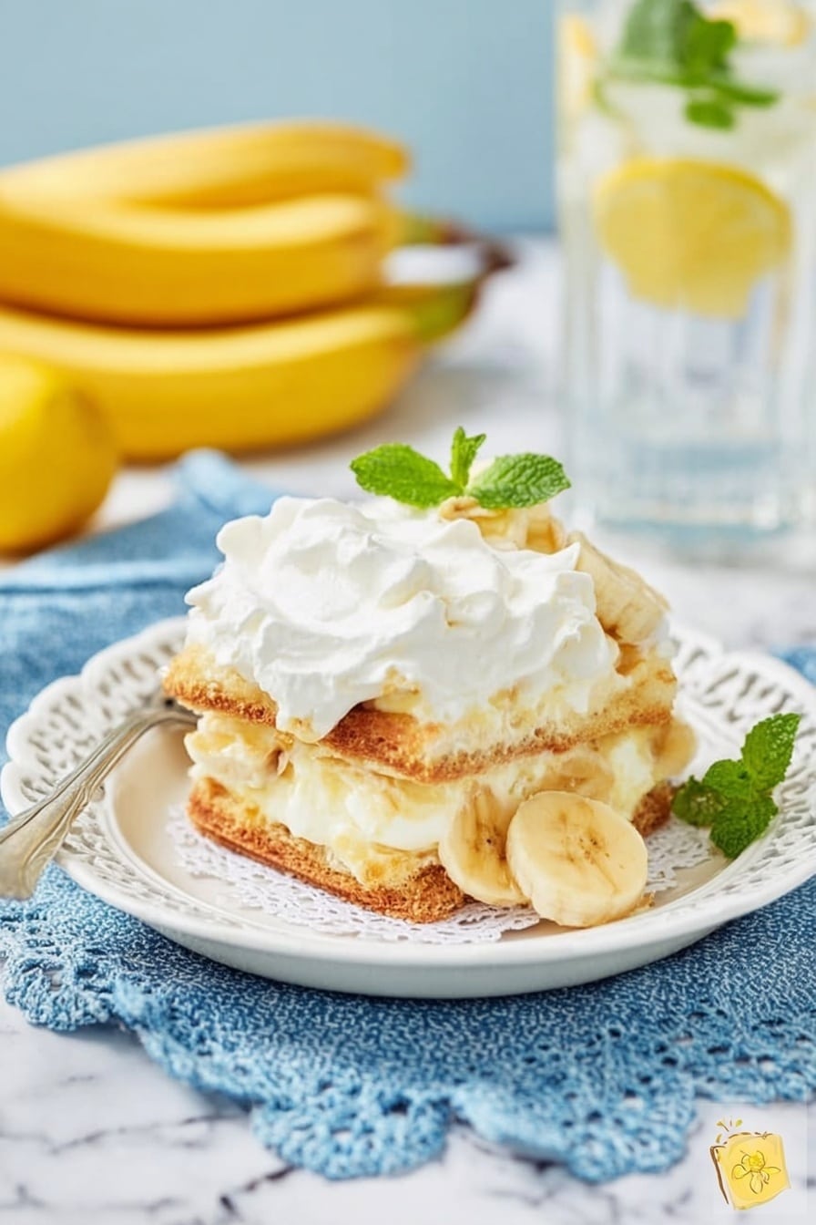 The dish shows a layered dessert on a white plate with a delicate lace edge, set on a blue and white cloth over a white marbled surface. The dessert has three visible layers: the base layer is made of light brown, soft cookies or biscuits; the middle layer consists of creamy, pale yellow custard mixed with banana slices; the top layer is a thick, white whipped cream with a smooth texture, slightly unevenly spread. A small green mint leaf and a piece of banana sit on the side as decoration. In the background, there are whole bright yellow bananas and a glass of water with lemon slices and green herbs. photo taken with an iphone --ar 2:3 --v 7 - Easy Banana Pudding Delicious Banana Pudding Classic Banana Pudding no-bake Banana Pudding