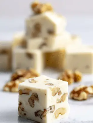 The image shows several small, square pieces of white fudge with visible brown walnut pieces inside. The fudge has a smooth, creamy texture with the walnuts unevenly spread throughout each piece. One piece of fudge is in focus in the foreground, sitting on a white marbled surface, while more fudge squares are stacked and scattered softly in the blurred background. The overall look is clean and simple, highlighting the contrast between the creamy white fudge and the textured walnuts. photo taken with an iphone --ar 2:3 --v 7 - Maple Walnut Fudge, maple walnut fudge recipe, easy fudge with walnuts, creamy maple fudge, homemade walnut chocolate fudge