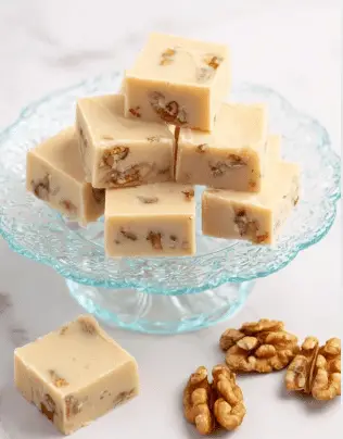 Several square pieces of light beige fudge with small brown nut bits inside are stacked neatly on a white scalloped glass plate with floral patterns. The fudge squares have a smooth and creamy texture, with some pieces resting flat and others leaned against each other. To the right of the plate, a few whole walnut halves are scattered on a white marbled surface. The scene is simple and bright with soft lighting. photo taken with an iphone --ar 2:3 --v 7 - Maple Walnut Fudge, maple walnut fudge recipe, easy fudge with walnuts, creamy maple fudge, homemade walnut chocolate fudge
