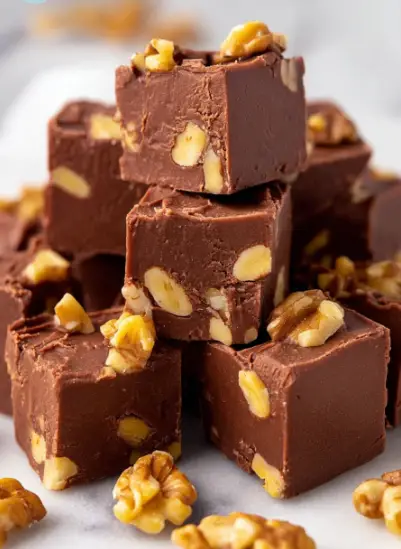 A pile of rich brown fudge squares with chunks of light brown walnuts mixed inside each piece, showing a smooth and slightly cracked texture on the surface. Some walnut pieces are also scattered on and around the fudge, giving a nutty and crunchy look. The fudge pieces are stacked and arranged closely on a white marbled surface. Photo taken with an iphone --ar 2:3 --v 7 - Chocolate Walnut Fudge Bars, easy fudge recipes, homemade chocolate fudge, walnut dessert bars, quick holiday treats