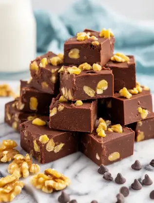 The image shows a pile of chocolate fudge squares stacked unevenly on a white marbled surface. Each square is thick with a smooth, rich dark brown texture, filled and topped with pieces of light yellowish-brown walnuts. Scattered around the bottom are extra walnut pieces and small dark chocolate chips, adding texture and color contrast to the scene. The background is softly blurred, with a white and light blue cloth in the back and a glass of milk partially visible. The overall look is inviting and homemade, focusing on the chunky, nut-filled fudge. photo taken with an iphone --ar 2:3 --v 7 - Chocolate Walnut Fudge Bars, easy fudge recipes, homemade chocolate fudge, walnut dessert bars, quick holiday treats