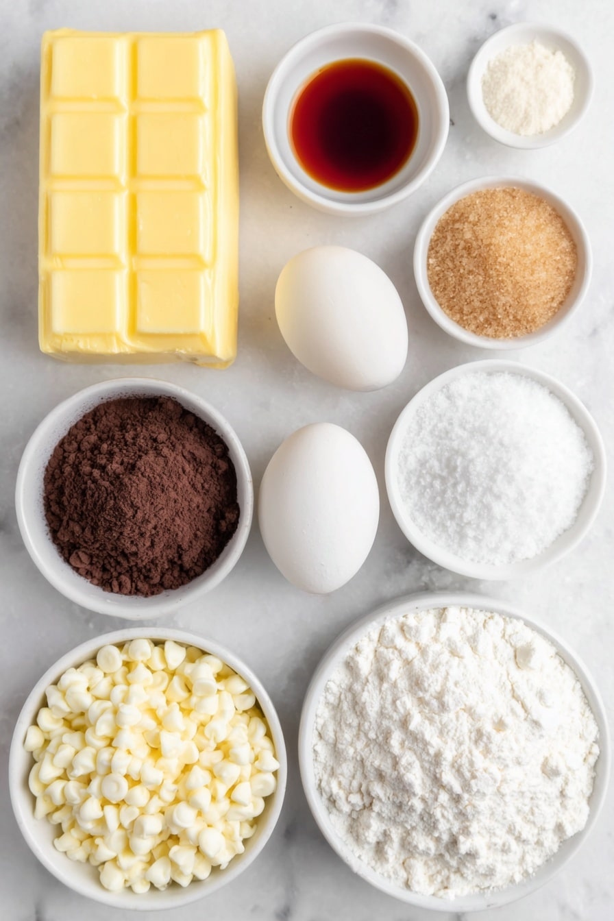 Flat lay of a small slab of barely softened butter, a neat mound of brown sugar, a smaller mound of white granulated sugar, two large whole eggs with clean shells, a small white bowl of clear vanilla extract, a small white bowl containing bright red food coloring gel, a small pile of unsweetened cocoa powder, a small heap of all-purpose flour, a small heap of baking soda powder, a smaller heap of cornstarch, a small pinch of salt, a generous handful of white chocolate chips, a smooth block of barely softened cream cheese, a small mound of powdered sugar, and a small white bowl of pale vanilla bean paste, all arranged with perfect symmetry on a clean white ceramic surface, placed on a clean white marble surface, soft natural light, photo taken with an iPhone, professional food photography style, fresh ingredients, white ceramic bowls, no bottles, no duplicates, no utensils, no packaging --ar 2:3 --v 7 --p m7354615311229779997 - Cheesecake Stuffed Red Velvet Cookies, red velvet cheesecake cookies, red velvet cookies with cheesecake filling, easy red velvet cookies, decadent cheesecake cookies