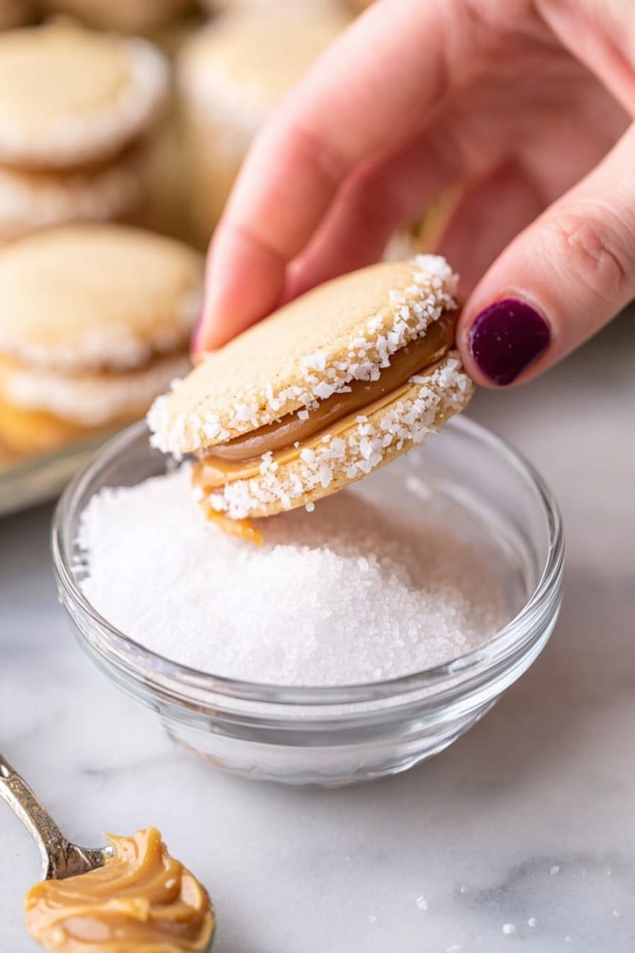 The image shows a close-up of a small sandwich cookie with two off-white, soft-looking biscuit layers. Between the layers, there is a thick, smooth, light brown caramel filling that is slightly melting and oozing out from the sides. The cookie is placed on a white marbled surface with some small white flakes scattered nearby, possibly coconut. In the background, there is a blurred white bowl filled with similar sandwich cookies and a jar with a caramel sauce. photo taken with an iphone --ar 2:3 --v 7 - Delicious Dulce de Leche Alfajores, South American cookie recipes, homemade alfajores with dulce de leche, buttery sandwich cookies, traditional alfajores recipe