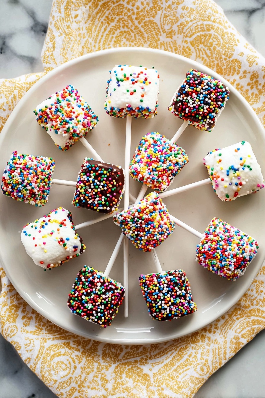 A white round plate with twelve small square marshmallows on white sticks arranged like a circle, each marshmallow fully covered in colorful sprinkles; half are coated with white icing and topped with mixed round and cylindrical sprinkles in bright colors like red, blue, yellow, green, and orange, while the other half are coated with chocolate and covered with tiny round multicolored sprinkles. The plate sits on a light yellow and white patterned cloth over a white marbled surface. Photo taken with an iphone --ar 2:3 --v 7 - Chocolate Marshmallow Pops Benefits, Chocolate Marshmallow Pops Easy, Chocolate Marshmallow Pops Ideas, Chocolate Marshmallow Pops Tips, Chocolate Marshmallow Pops for Parties