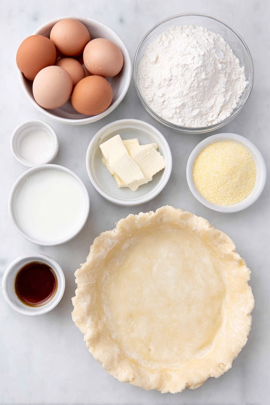 Flat lay of a round pie dough sheet, four whole brown eggs with clean shells, a small white ceramic bowl of granulated sugar, a small white bowl with melted unsalted butter, a small white bowl of whole milk, a small white bowl of yellow cornmeal, a small white bowl of all-purpose flour, a small white bowl with clear white vinegar, and a small white bowl of amber vanilla extract, all arranged with perfect symmetry, placed on a clean white marble surface, soft natural light, photo taken with an iPhone, professional food photography style, fresh ingredients, white ceramic bowls, no bottles, no duplicates, no utensils, no packaging --ar 2:3 --v 7 --p m7354615311229779997 - Classic Chess Pie, Chess Pie recipe, Southern dessert, custard pie, easy pie recipes