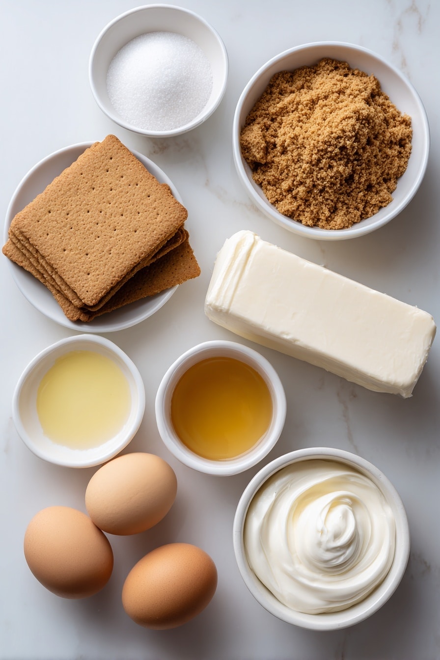 Flat lay of a small pile of whole graham cracker sheets, a small white ceramic bowl filled with light brown graham cracker crumbs, a small white ceramic bowl with granulated white sugar, a small white ceramic bowl holding melted golden butter, a large block of creamy white full-fat brick cream cheese, a small white ceramic bowl containing smooth pale sour cream, a small white ceramic bowl with clear freshly squeezed lemon juice, two large whole uncracked brown eggs, and a small white ceramic bowl with clear vanilla extract placed on a clean white marble surface, soft natural light, photo taken with an iPhone, professional food photography style, fresh ingredients, white ceramic bowls, no bottles, no duplicates, no utensils, no packaging --ar 2:3 --v 7 --p m7354615311229779997 - Mini Cheesecakes, Easy Mini Cheesecakes, Mini Cheesecake Ideas, No-Bake Cheesecakes, Cheesecake Dessert