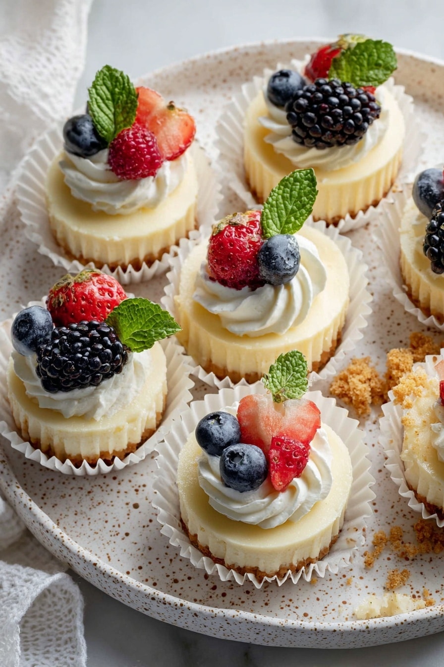 The image shows several small cheesecakes in white paper cups arranged on a white speckled ceramic plate with a patterned edge, all placed on a white marbled surface. Each cheesecake has two layers: a smooth pale yellow crust at the bottom and a creamy white topping swirled with whipped cream. The cheesecakes are decorated with fresh fruits such as whole strawberries, blueberries, blackberries, and a raspberry, each topped with a small sprig of bright green mint. One cheesecake is unwrapped, exposing the layers and crumbs around it. The lighting is soft, highlighting the textures and natural colors of the fruits and cream. photo taken with an iphone --ar 2:3 --v 7 - Mini Cheesecakes, Easy Mini Cheesecakes, Mini Cheesecake Ideas, No-Bake Cheesecakes, Cheesecake Dessert