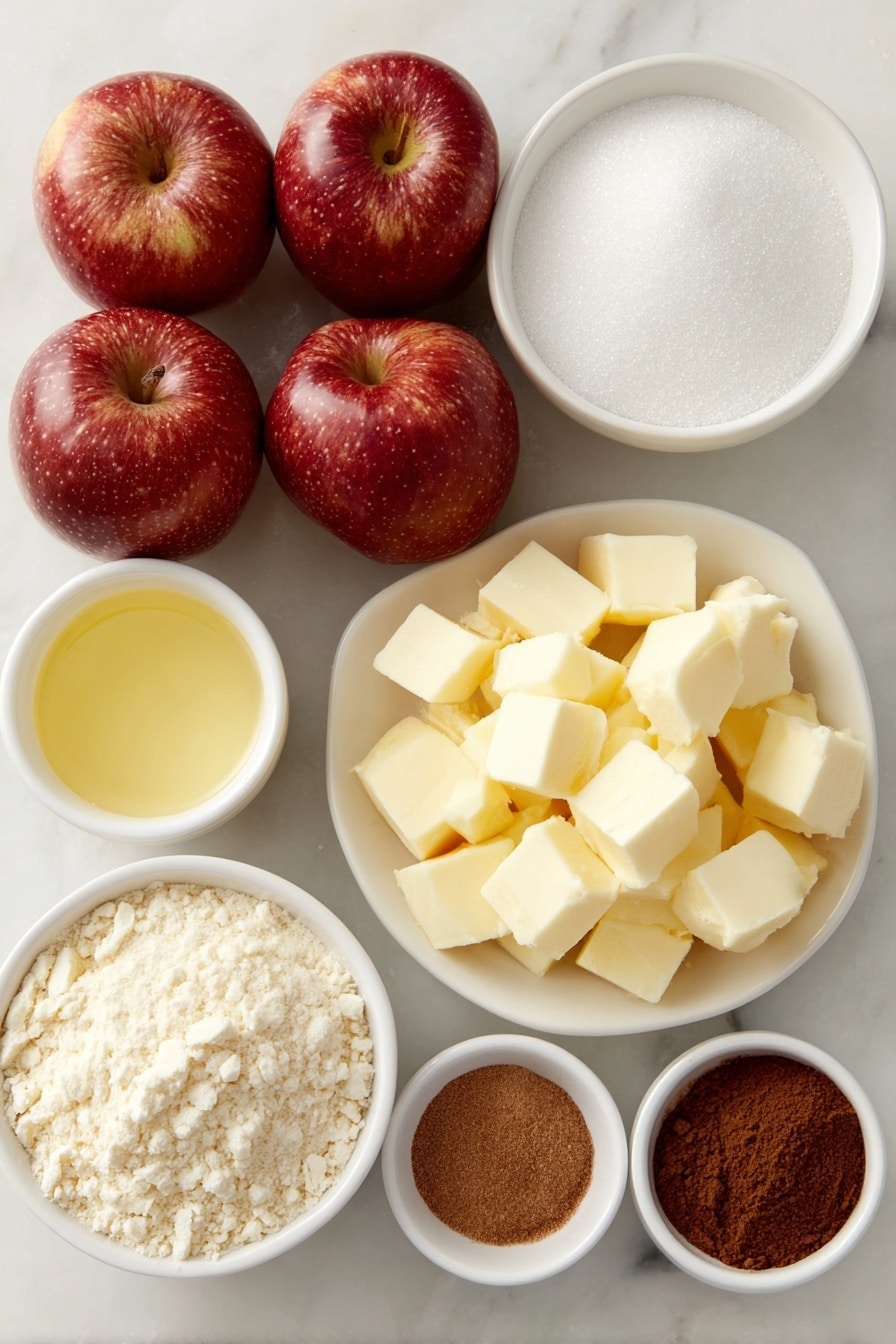 Flat lay of fresh medium apples, chopped into cubes, a small white bowl of granulated sugar, a small white bowl of all-purpose flour, a small white bowl of lemon juice, a small white bowl of ground cinnamon, a small white bowl of ground nutmeg, cold unsalted butter cut into small cubes on a white ceramic plate, placed on a clean white marble surface, soft natural light, photo taken with an iPhone, professional food photography style, fresh ingredients, white ceramic bowls, no bottles, no duplicates, no utensils, no packaging --ar 2:3 --v 7 --p m7354615311229779997 - Easy Apple Pie Bars with Crumb Topping, apple pie bar recipe, easiest apple dessert, apple crumb bars, homemade apple bars