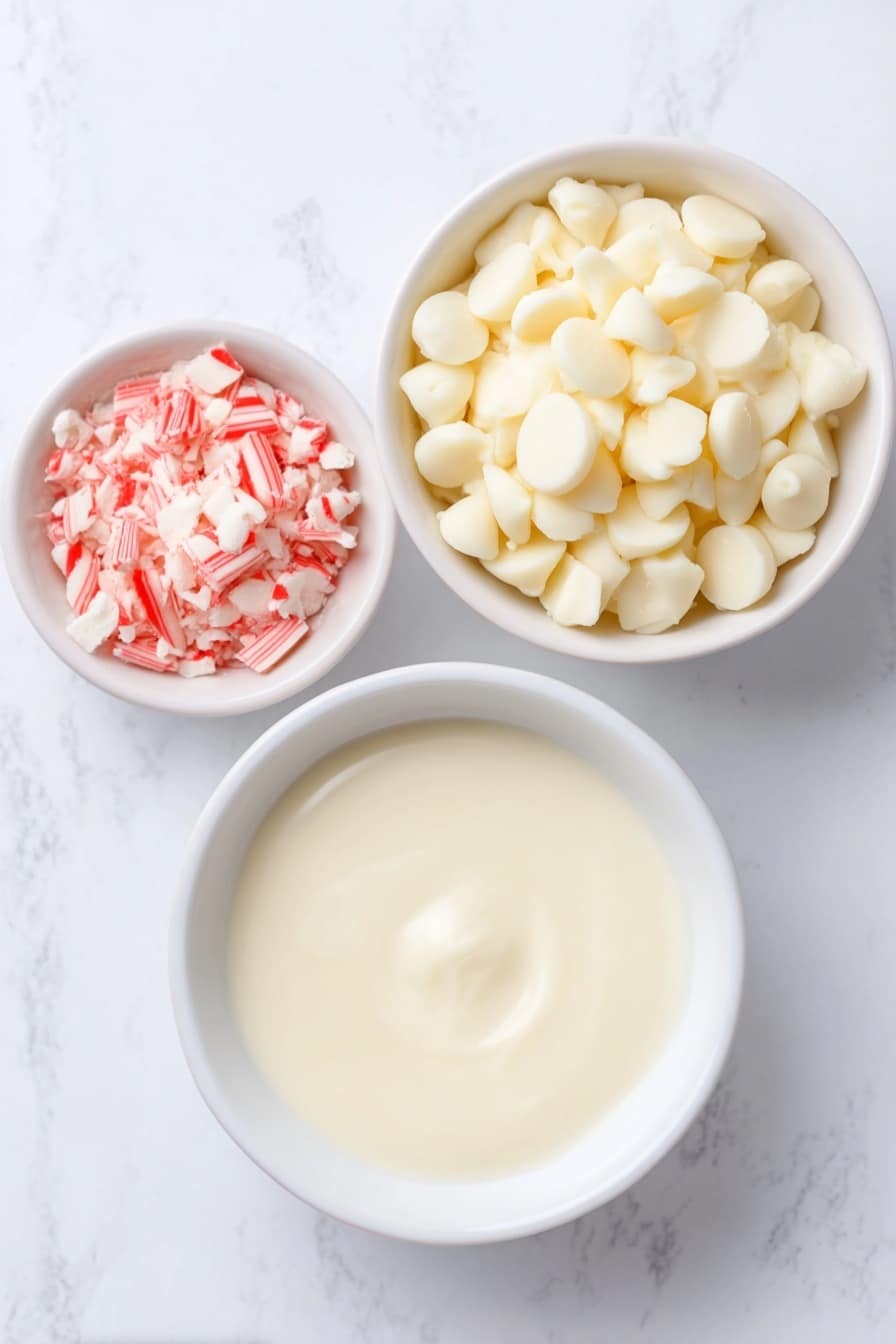 Flat lay of a small mound of creamy white chocolate chips, a small white ceramic bowl filled with glossy sweetened condensed milk, and a simple white ceramic bowl holding crushed bright red-and-white striped candy cane pieces, all arranged symmetrically on a clean white marble surface, soft natural light, photo taken with an iPhone, professional food photography style, fresh ingredients, white ceramic bowls, no bottles, no duplicates, no utensils, no packaging --ar 2:3 --v 7 --p m7354615311229779997 - Candy Cane White Chocolate Fudge, festive holiday fudge, easy white chocolate peppermint fudge, Christmas fudge recipe, holiday gift fudge