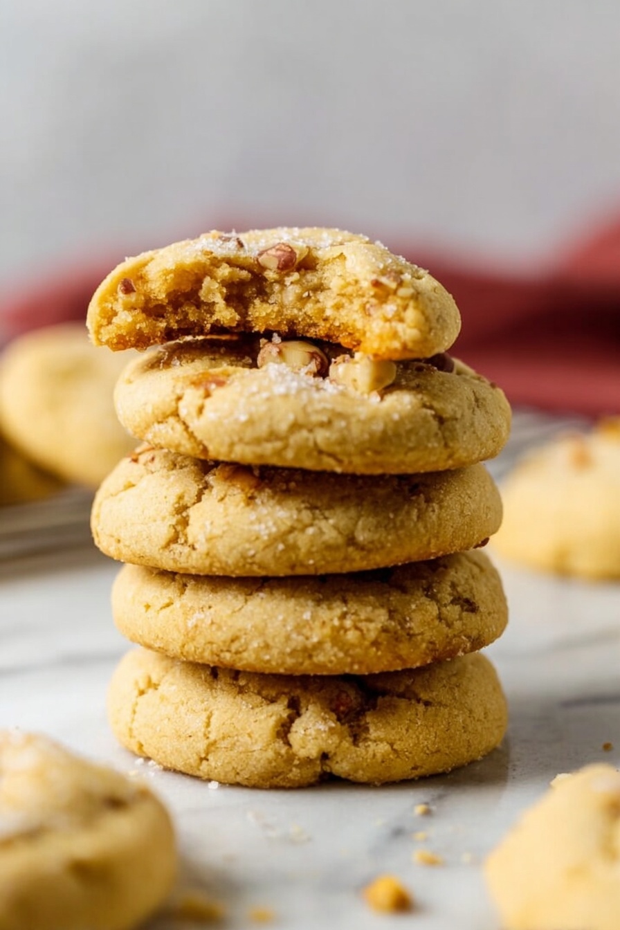 A stack of four round cookies with a golden brown color and a slightly cracked surface sits on a white marbled surface. The top cookie has a bite taken from it, showing a soft, crumbly inside with small nut pieces visible throughout. The cookies have a textured look with small bits and a slightly uneven shape. In the background, more cookies can be seen out of focus, adding depth to the scene. Photo taken with an iphone --ar 2:3 --v 7 - Brown Butter Toffee Cookies, Toffee Cookie Recipe, Easy Toffee Cookies, Buttery Toffee Cookies, Chewy Toffee Cookie Recipe