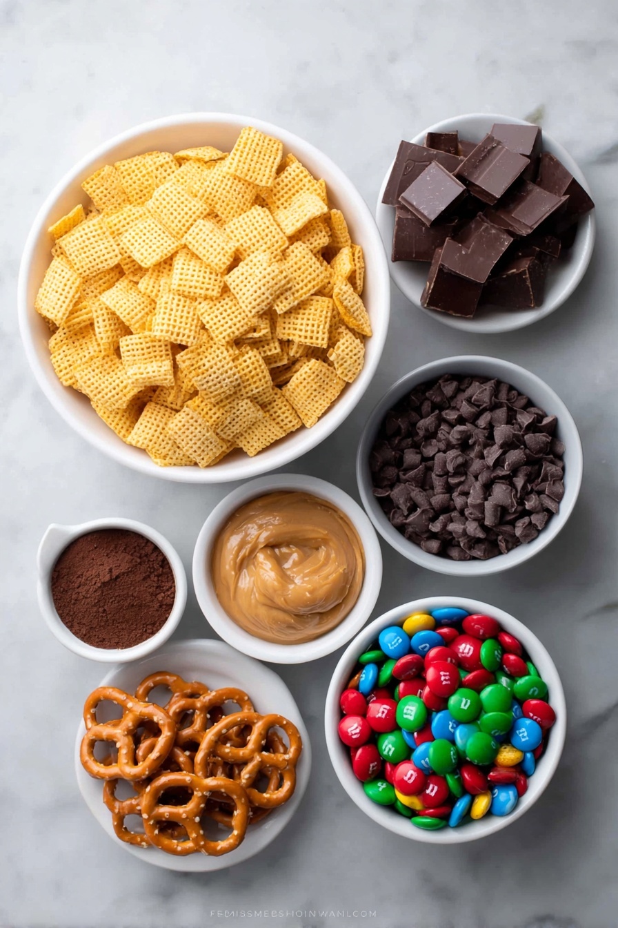 Flat lay of a large white ceramic bowl filled with golden Rice Chex cereal squares, a small white bowl of glossy semisweet chocolate chips, a small white bowl of smooth creamy peanut butter, a small white bowl with fine dry chocolate brownie mix powder, a handful of colorful Christmas M&M's scattered beside a small white bowl filled with mini peanut butter cups, and a small white bowl piled with salted pretzel twists, all arranged symmetrically and balanced, placed on a clean white marble surface, soft natural light, photo taken with an iPhone, professional food photography style, fresh ingredients, white ceramic bowls, no bottles, no duplicates, no utensils, no packaging --ar 2:3 --v 7 --p m7354615311229779997 - Chocolate Peanut Butter Reindeer Chow, holiday snack, Christmas treat, festive snack recipe, no-bake holiday dessert