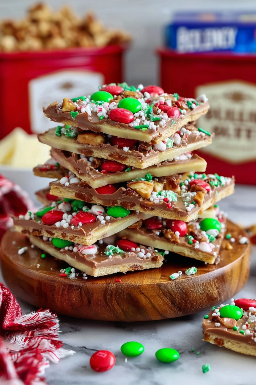 A stack of square chocolate-topped crackers sits on a round wooden stand, each piece showing three clear layers: a light tan cracker base, a smooth milk chocolate middle layer, and colorful decorations on top. The top layers are adorned with red and green round candy pieces, crushed nuts, and festive white, red, and green sprinkles. The stack is high and slightly uneven, with some candy pieces spilled around the base. The background shows a blurred white marbled surface, with red containers labeled in white text and a butter package blurred in the distance. photo taken with an iphone --ar 2:3 --v 7 - Saltine Toffee Crisps, easy saltine toffee candy, buttery toffee crackers, sweet salty toffee dessert, quick no-bake treats