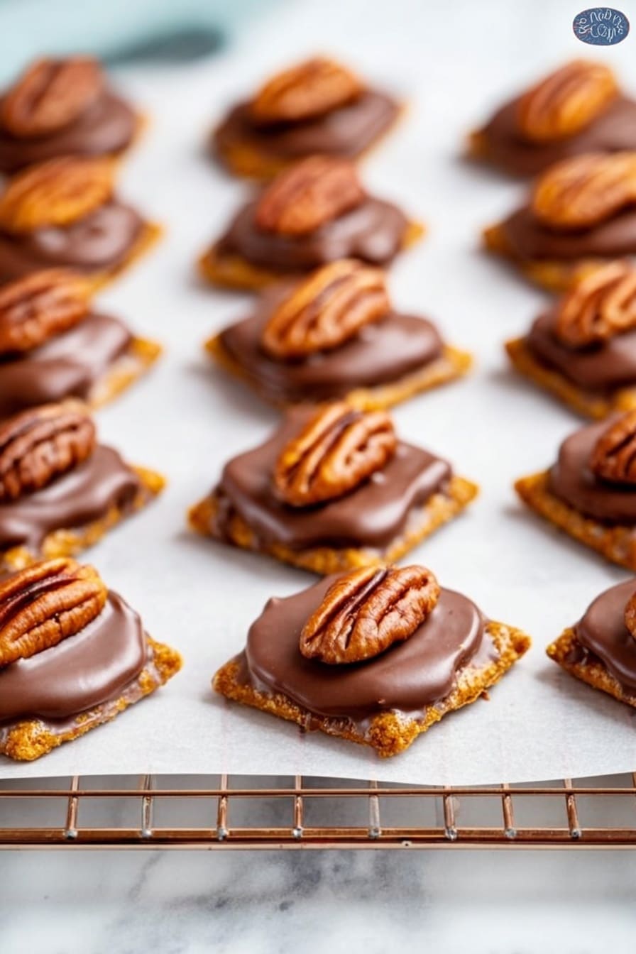 Many small square crackers are arranged in rows on white parchment paper over a wire rack placed on a white marbled surface. Each cracker has a shiny, smooth milk chocolate layer on top that looks thick and soft. On top of each chocolate layer sits a whole pecan half, with its textured ridges and rich brown color, centered perfectly on every cracker. The image shows depth with the crackers fading softly into the background. photo taken with an iphone --ar 2:3 --v 7 - Pretzel Rolo Turtle Bites, easy sweet and salty snacks, no-bake pretzel treats, holiday party finger foods, quick chocolate caramel bites